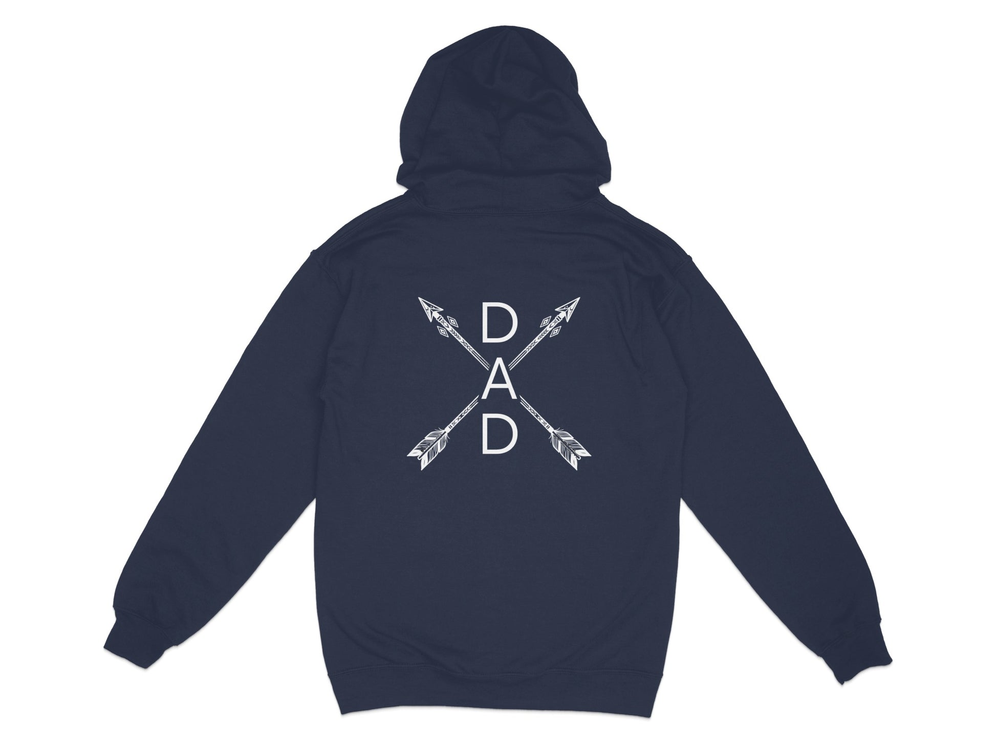 Navy hooded sweatshirt with white "DAD" and arrows graphic on back.