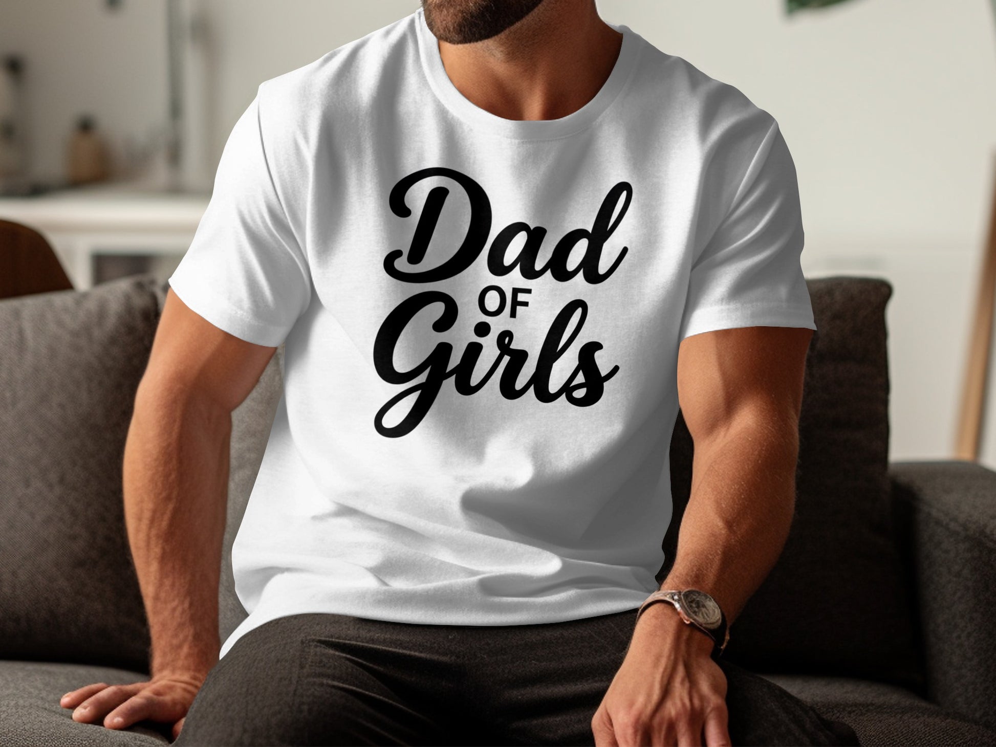 White t-shirt with black text reading "Dad of Girls".
