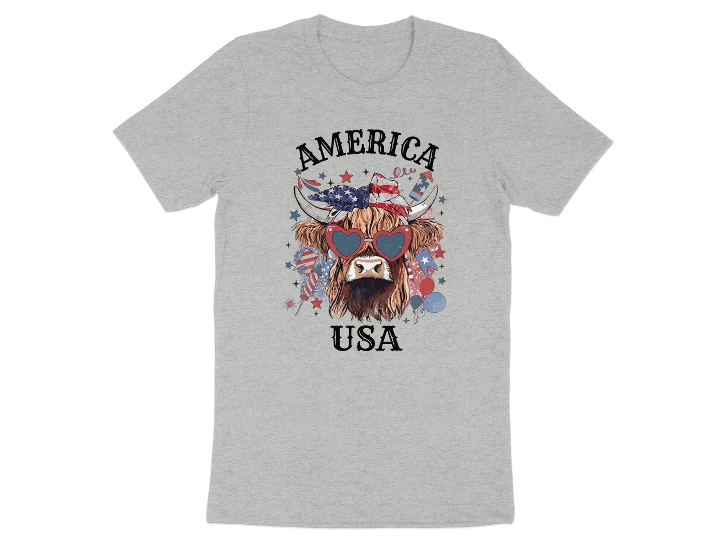 Highland cow wearing heart sunglasses, American flags, and fireworks, with "AMERICA USA" text.