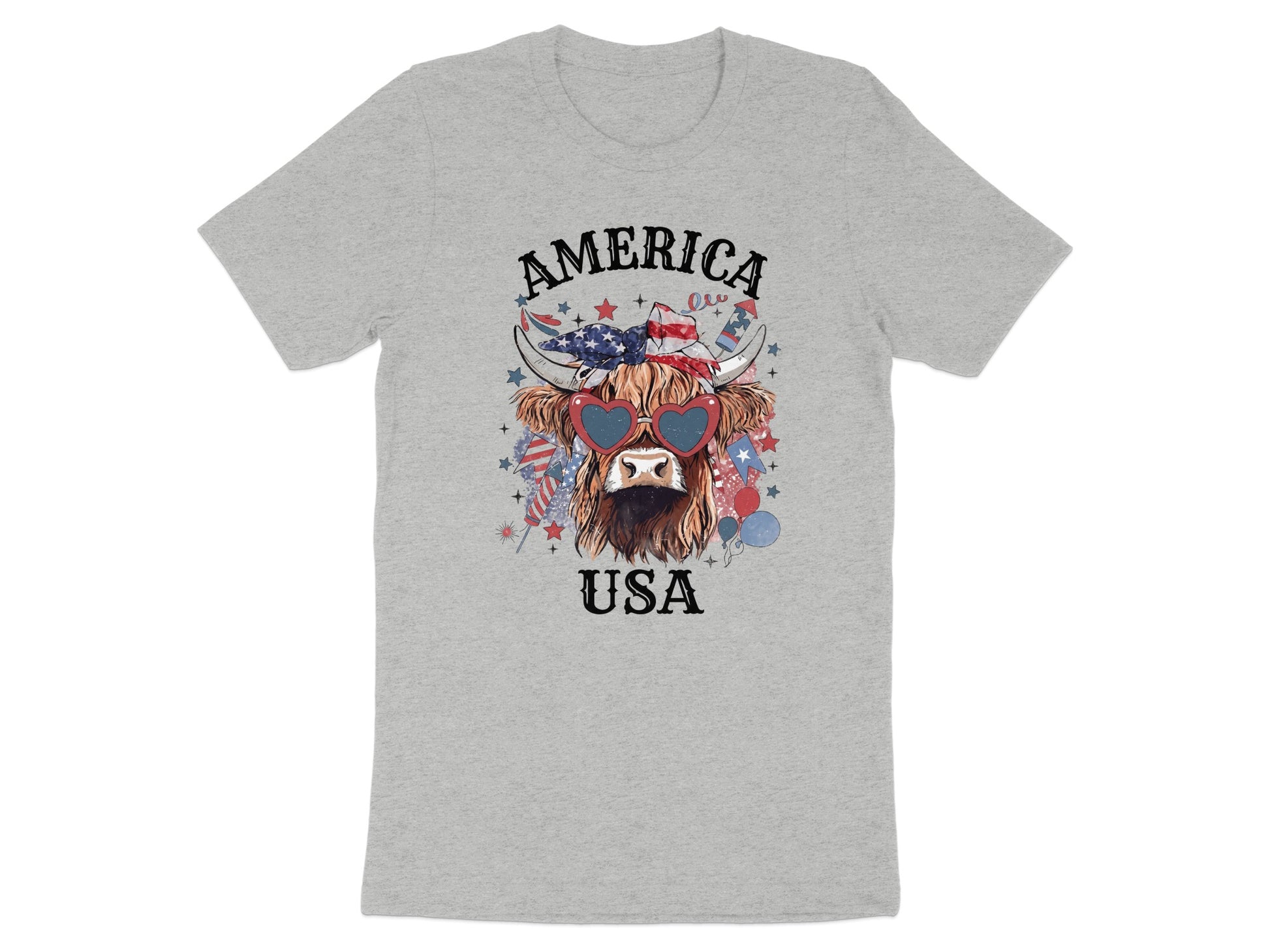 Highland cow wearing heart sunglasses, American flags, and fireworks, with "AMERICA USA" text.