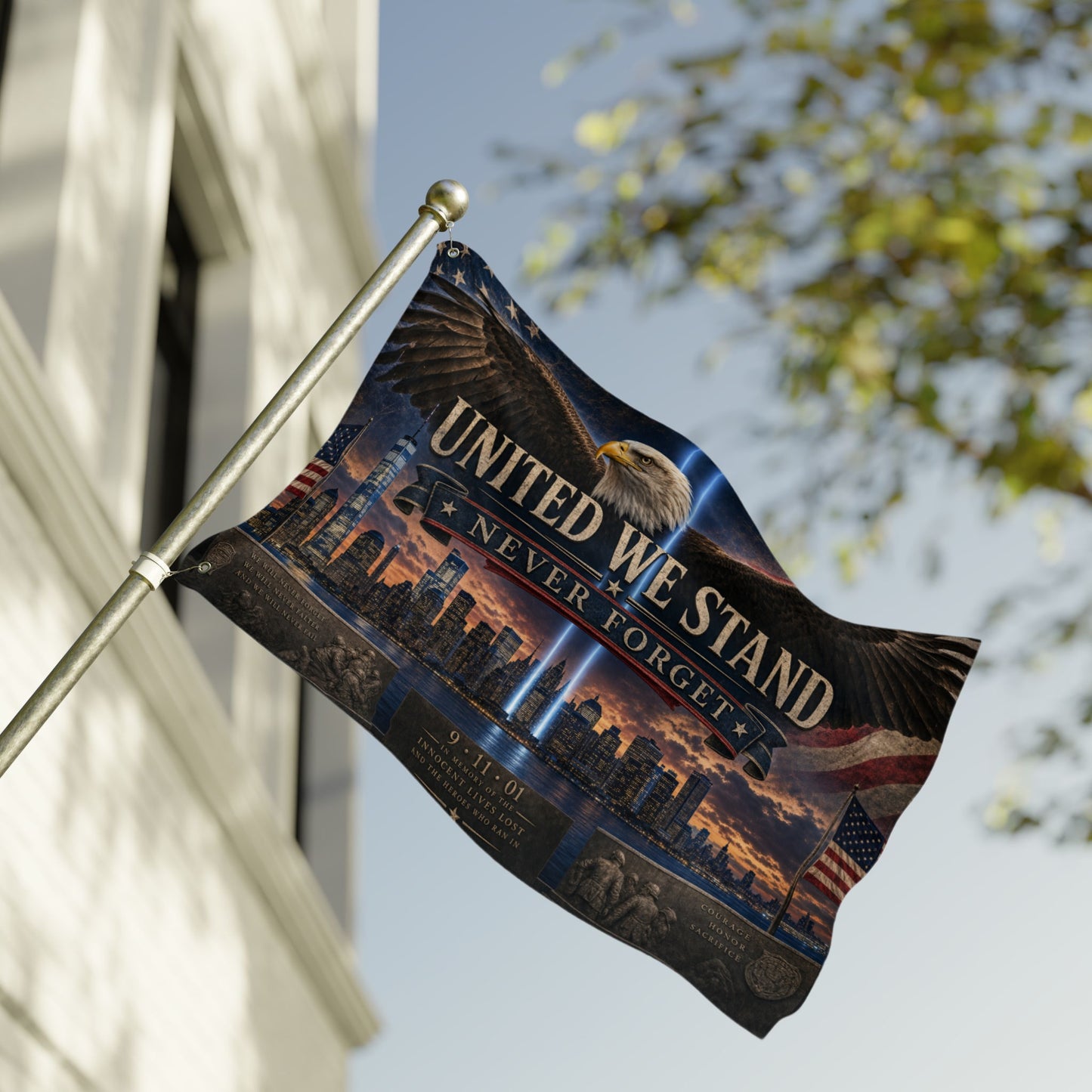 Flag with eagle, skyline, and text "UNITED WE STAND NEVER FORGET" and 9/11 commemoration.