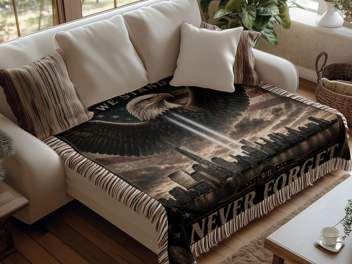 Tribute blanket with eagle, flag, New York skyline, and 9/11 memorial text.