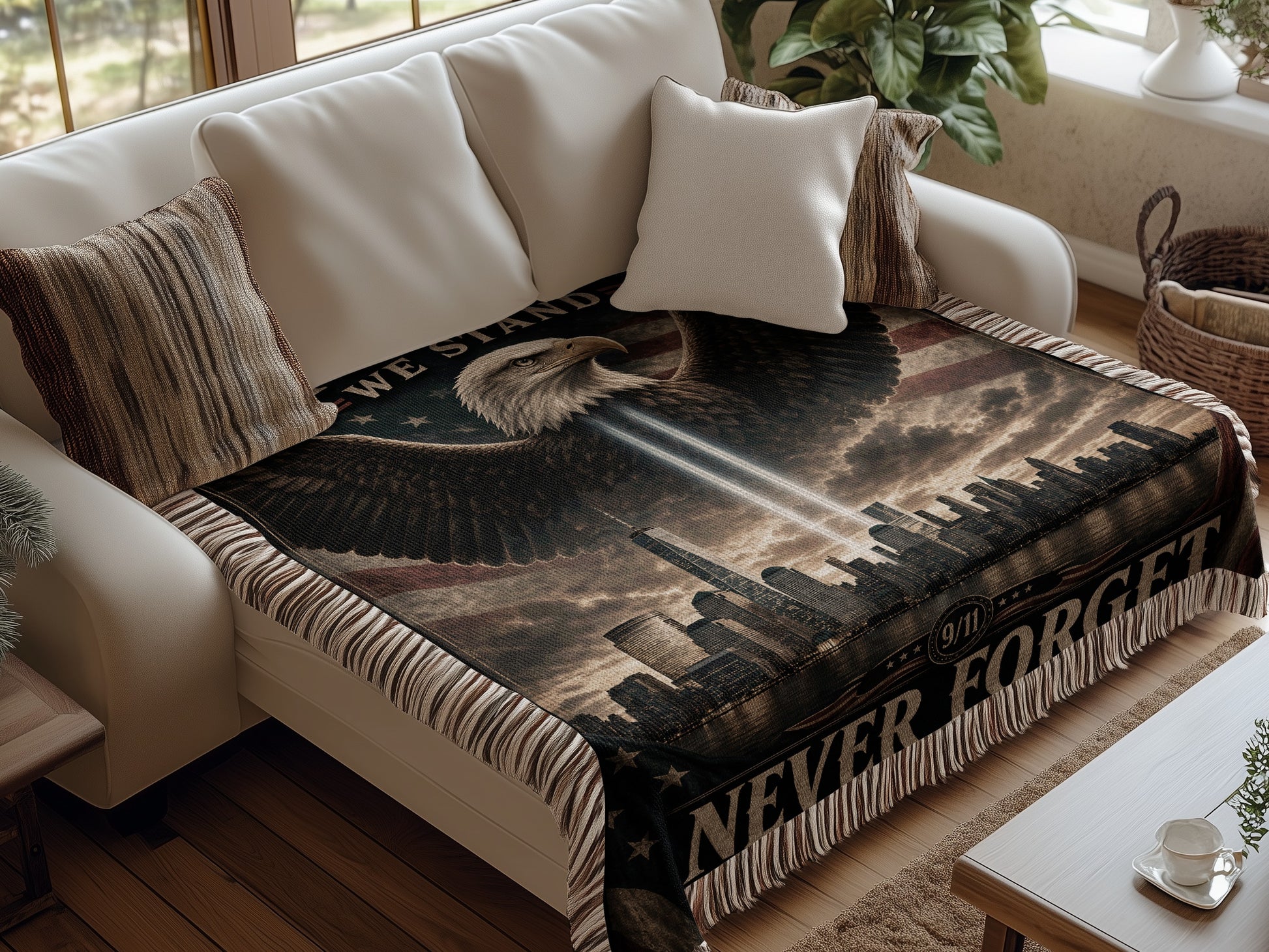 Tribute blanket with eagle, flag, New York skyline, and 9/11 memorial text.