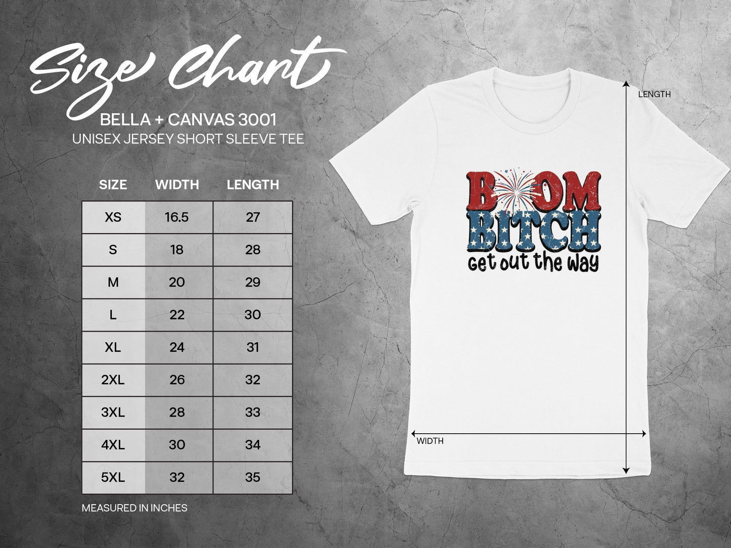 Size chart for BELLA+CANVAS 3001 unisex t-shirt with measurements.