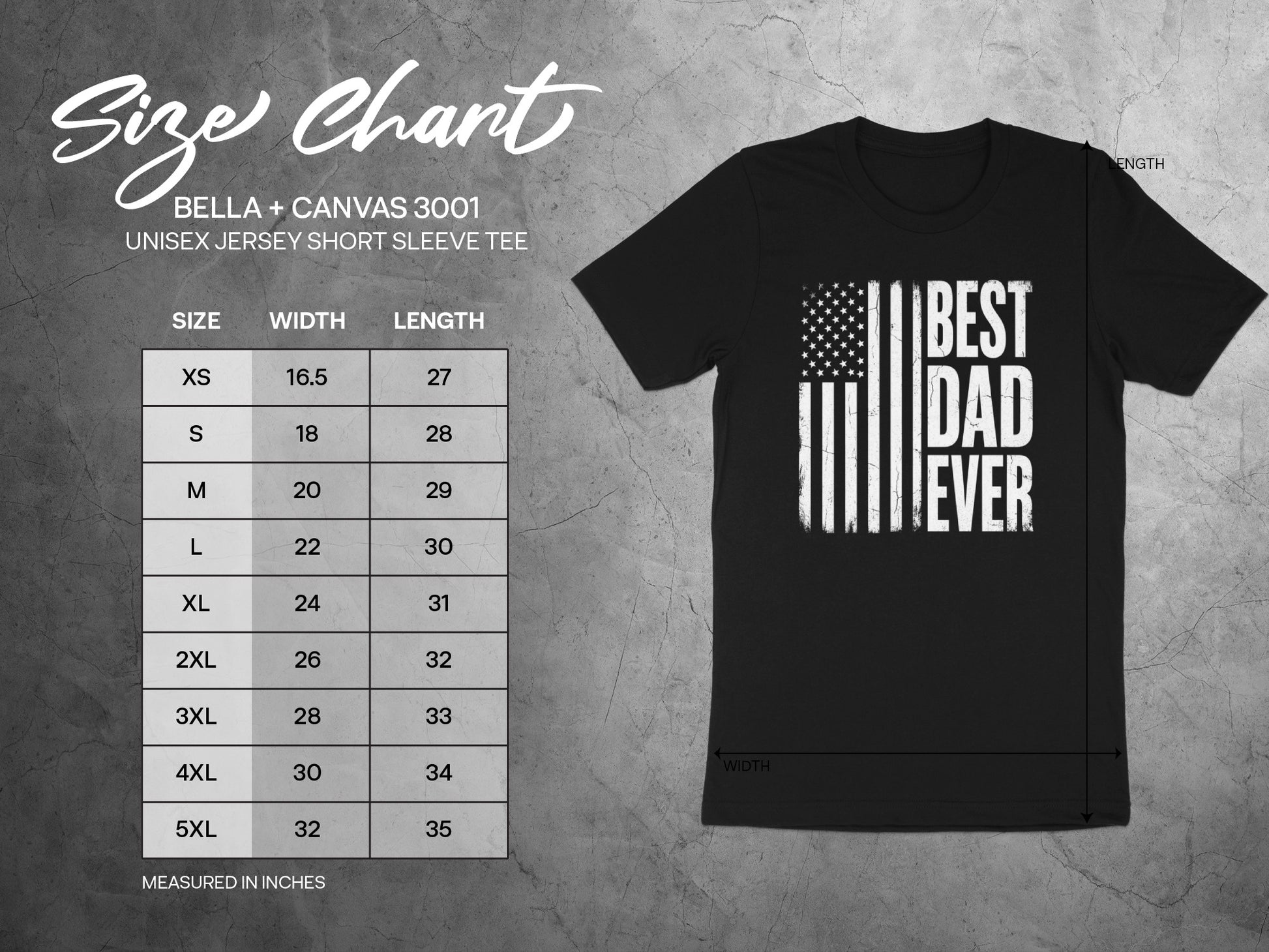 Size chart for Bella + Canvas 3001 unisex t-shirt with size, width, and length.