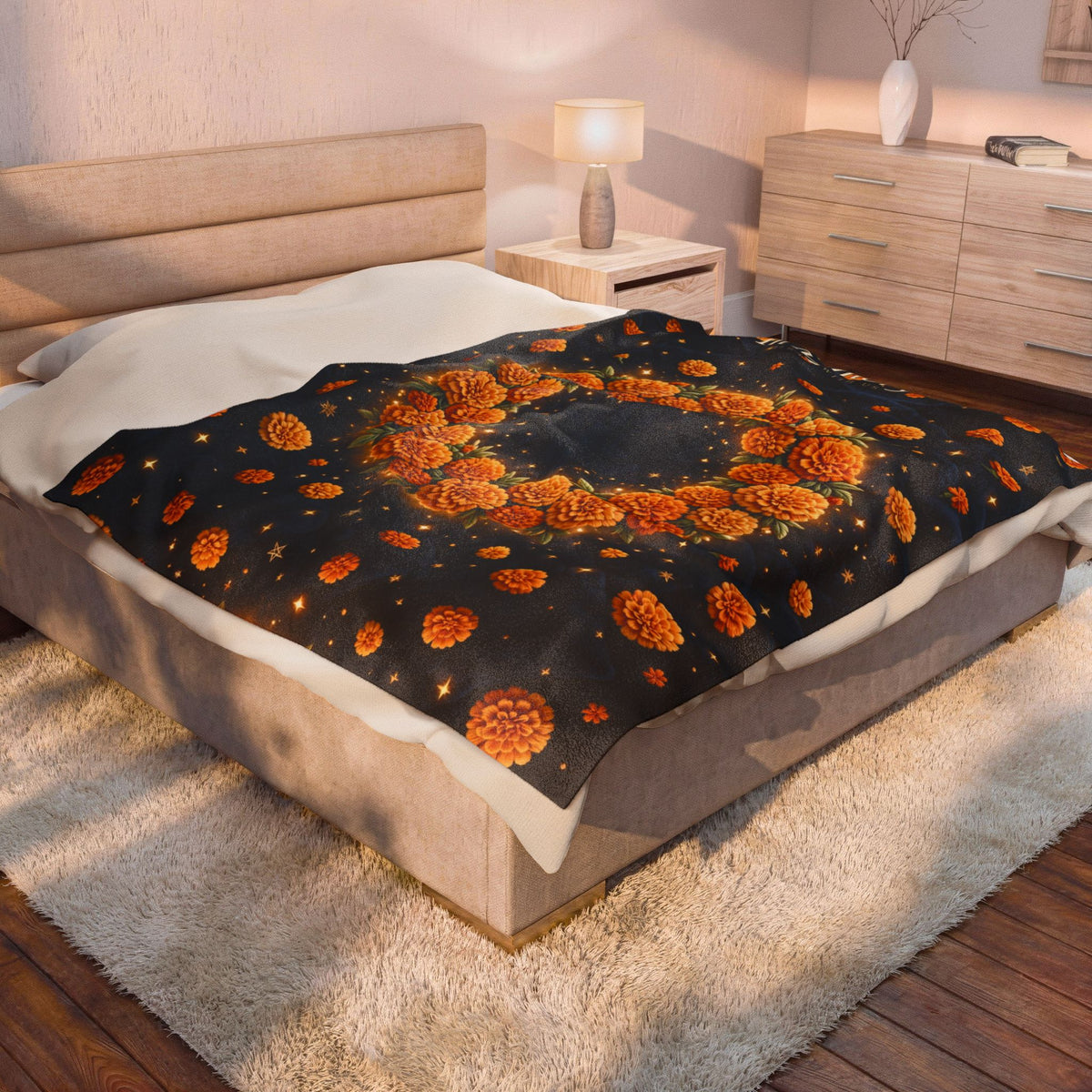 In Memory | Midnight Marigold Wreath Velveteen Plush Blanket