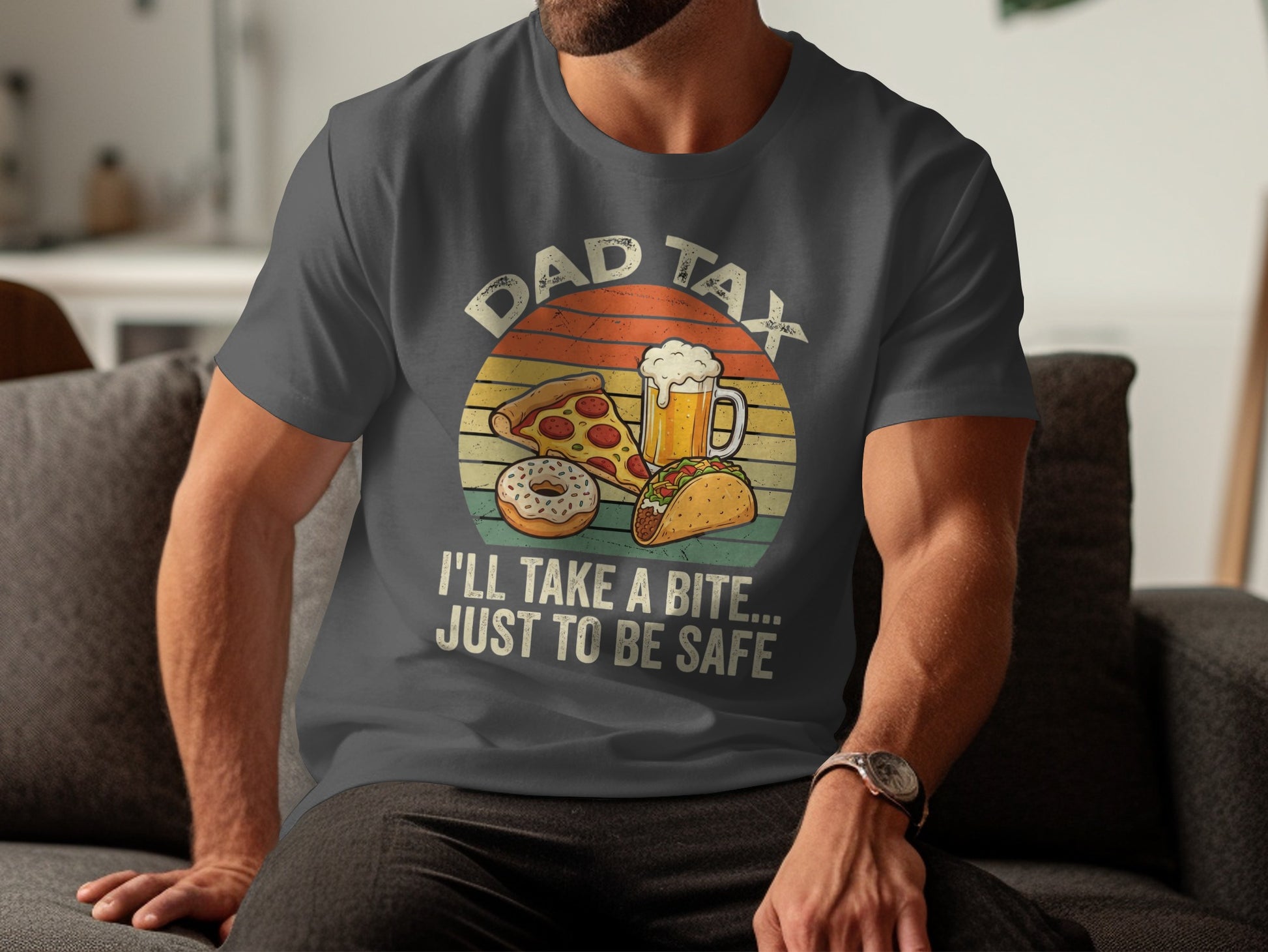 Dad Tax vintage sunset graphic with pizza, donut, taco, and beer.