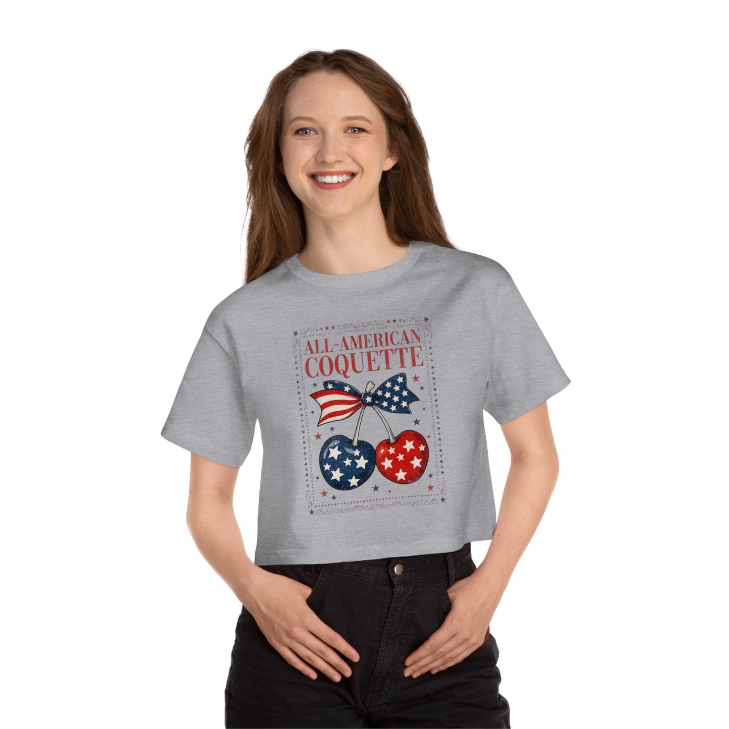 Gray cropped t-shirt with "All-American Coquette" text and patriotic cherries graphic.