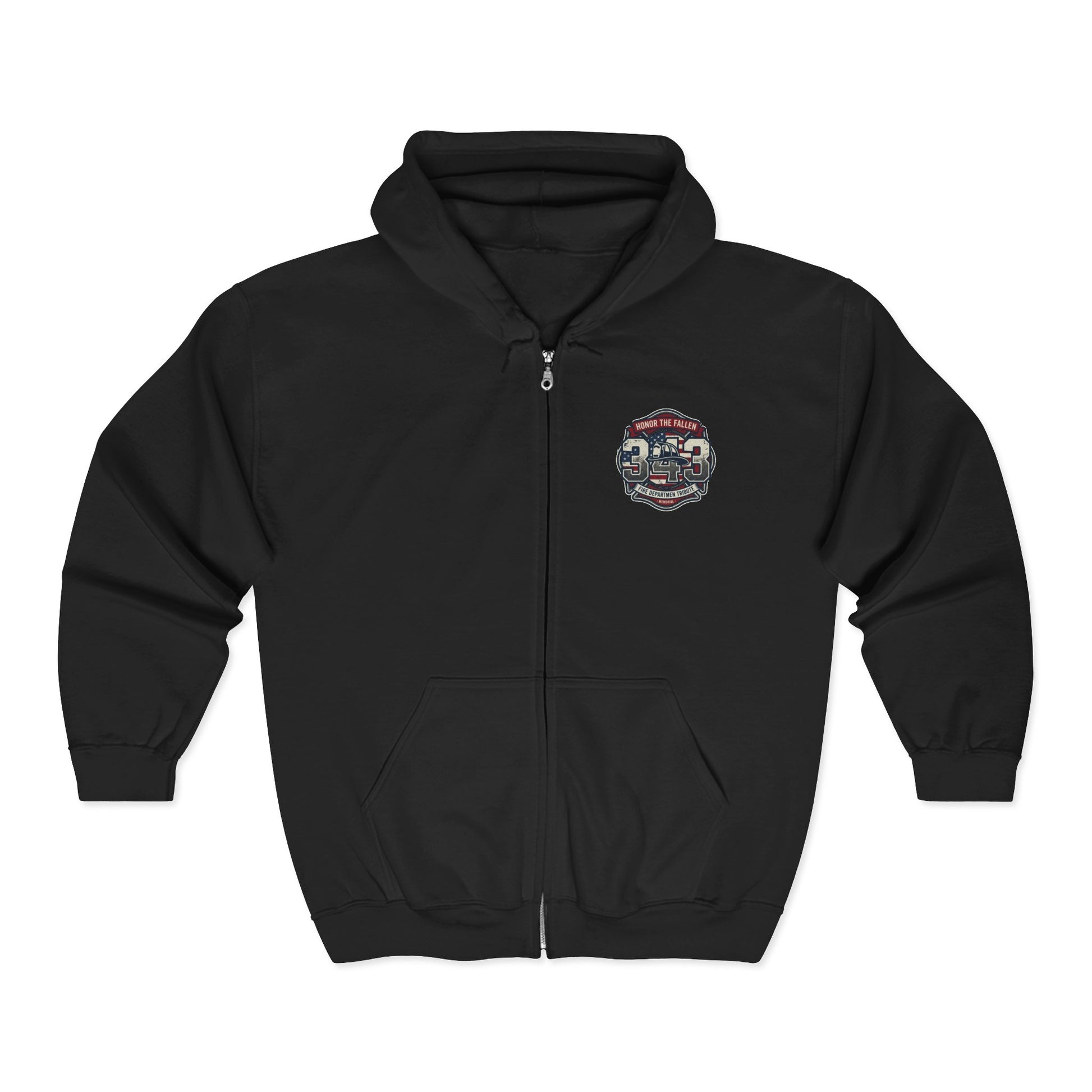 Black zip-up hoodie with a "343 Fire Department Tribute" graphic on the chest.