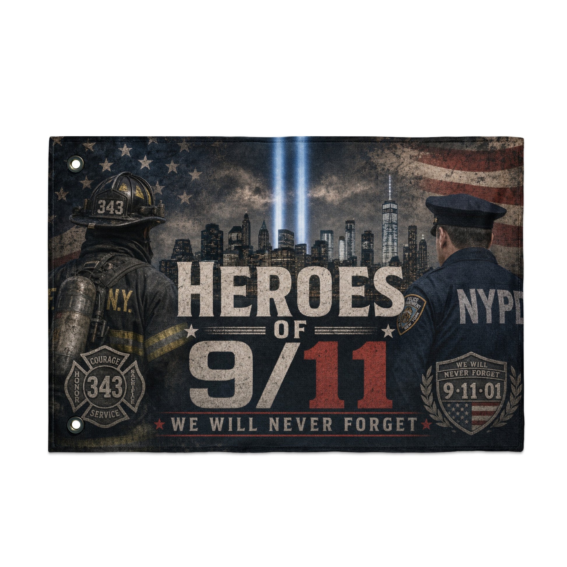 Heroes of 9/11 banner featuring a firefighter, NYPD officer, and memorial skyline.