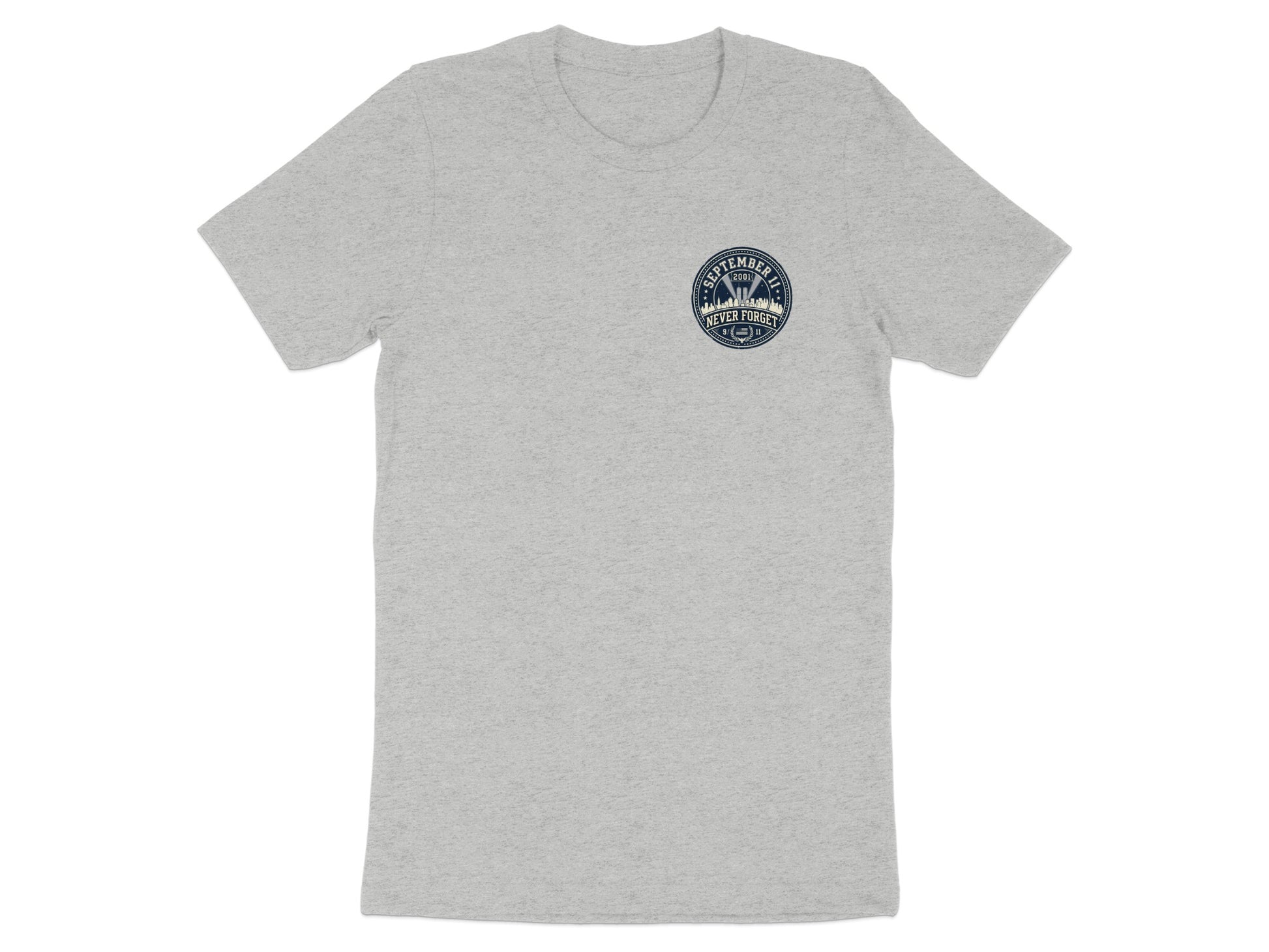 Grey t-shirt featuring a circular emblem with "SEPTEMBER 11, 2001" and "NEVER FORGET" text.