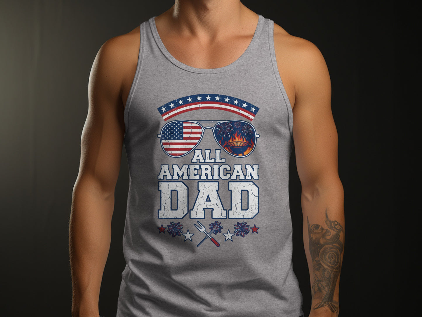 Grey tank top with "ALL AMERICAN DAD" text, sunglasses with flag and fireworks.