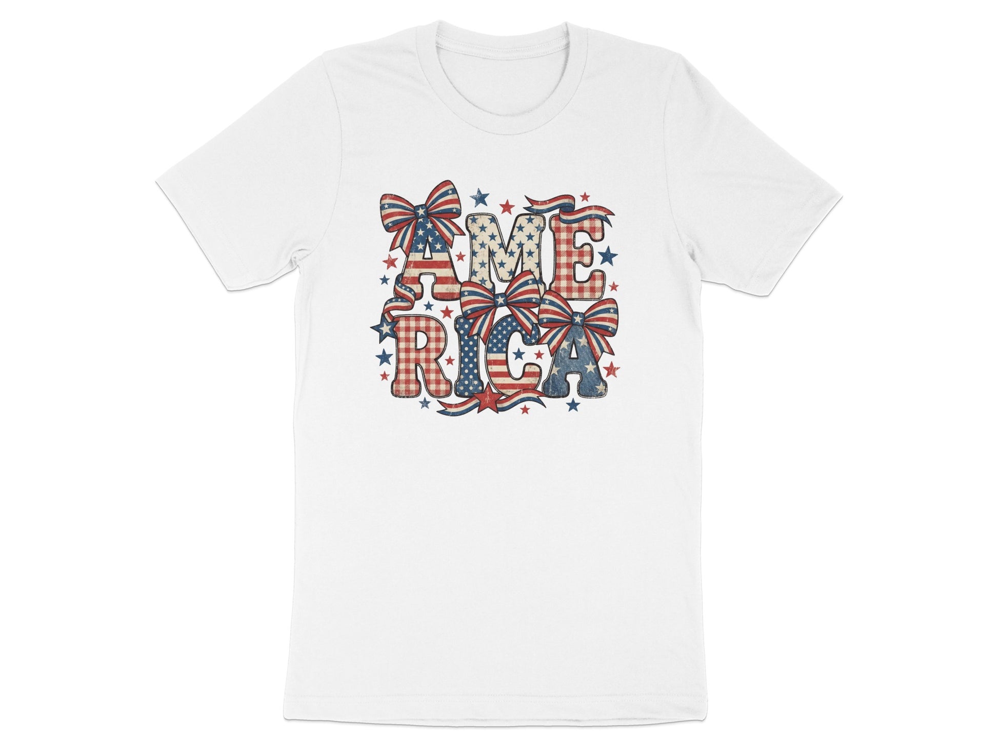 White t-shirt with "AMERICA" in patriotic ribbon and star design.