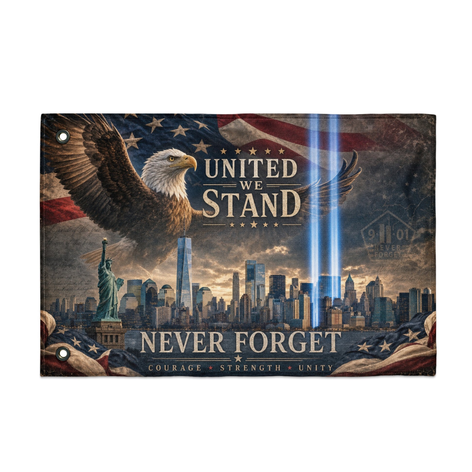 Eagle and Statue of Liberty with New York skyline and text "United We Stand Never Forget".