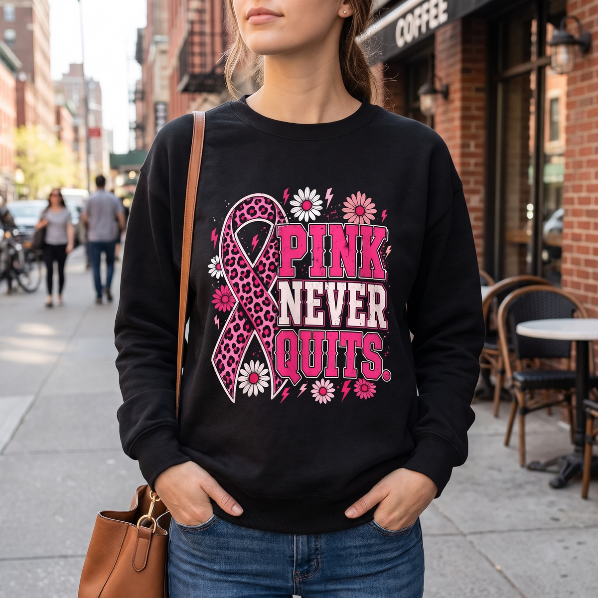 Woman wearing the Pink Never Quits breast cancer awareness crewneck sweatshirt outside a coffee shop