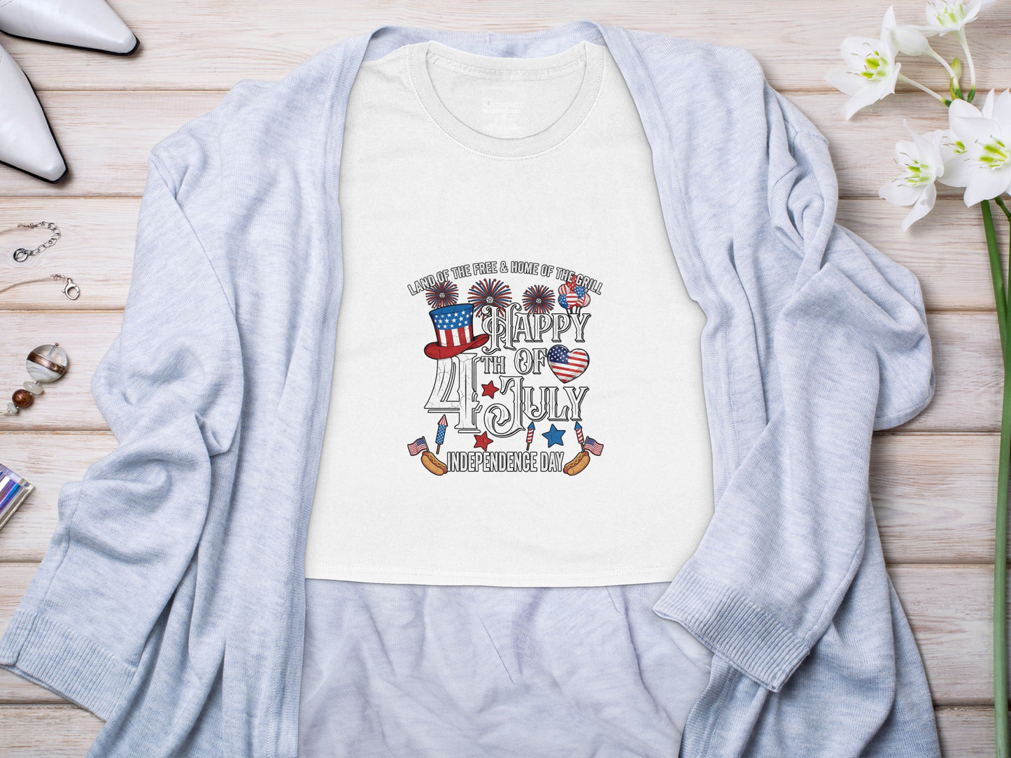 White tee with "Happy 4th of July Independence Day" graphic and patriotic elements.