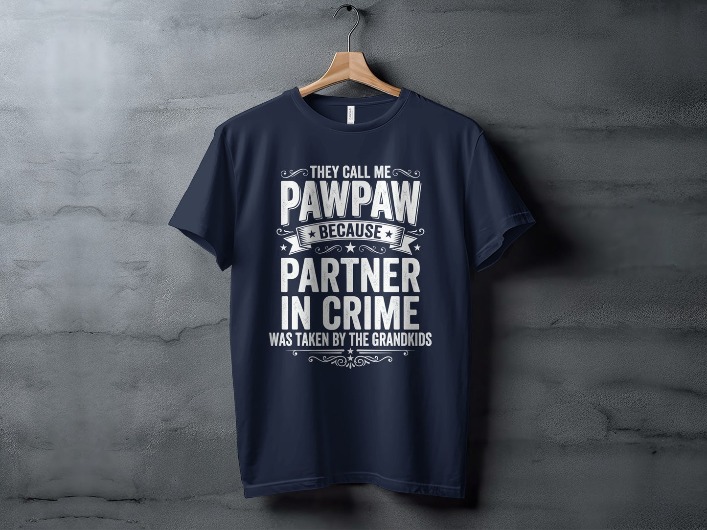 Navy t-shirt with "They Call Me Pawpaw Because Partner In Crime Was Taken By The Grandkids" text.