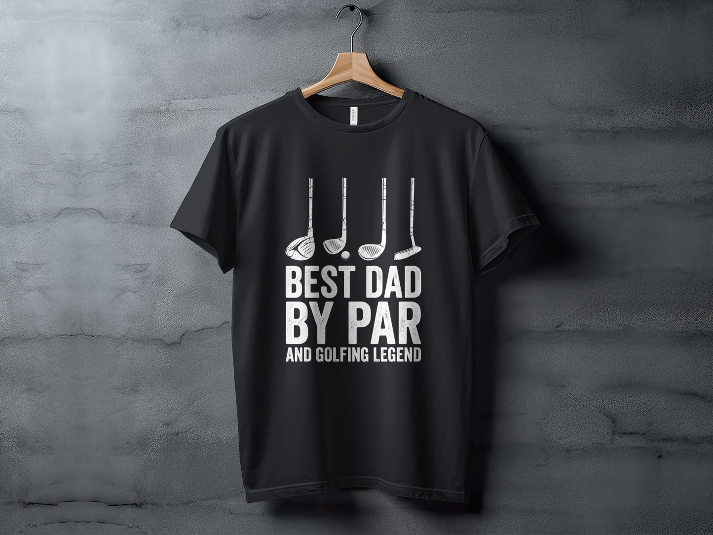 Black t-shirt with "Best Dad by Par and Golfing Legend" text and golf clubs.