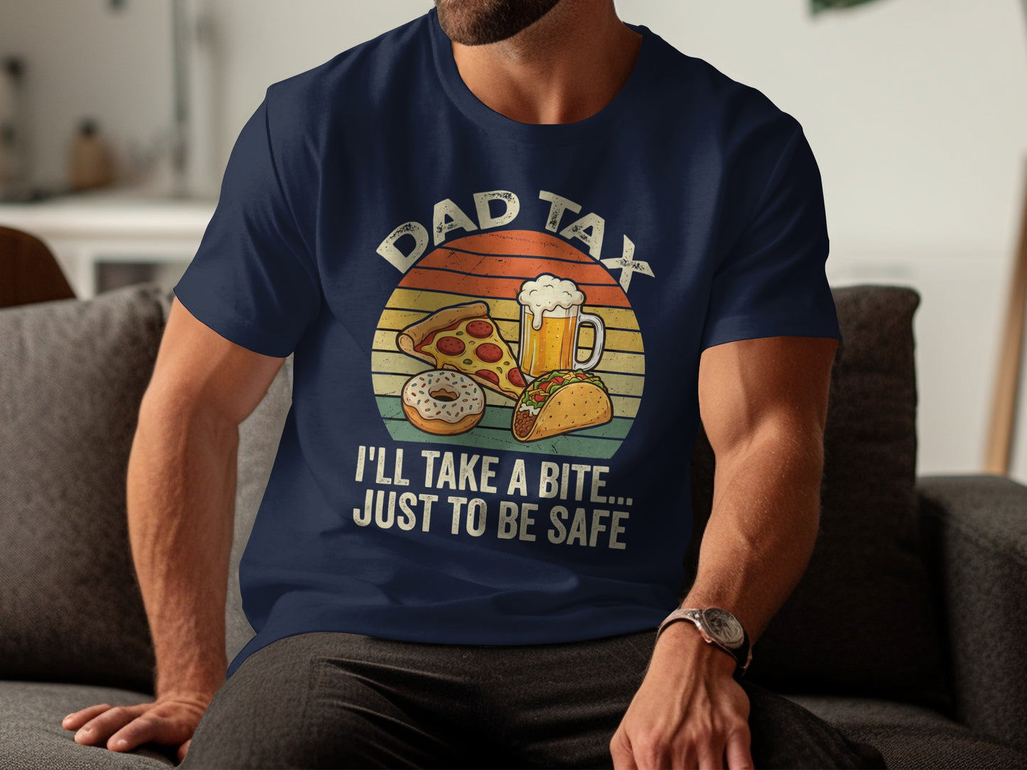 Dad Tax t-shirt with pizza, donut, taco, and beer graphic.