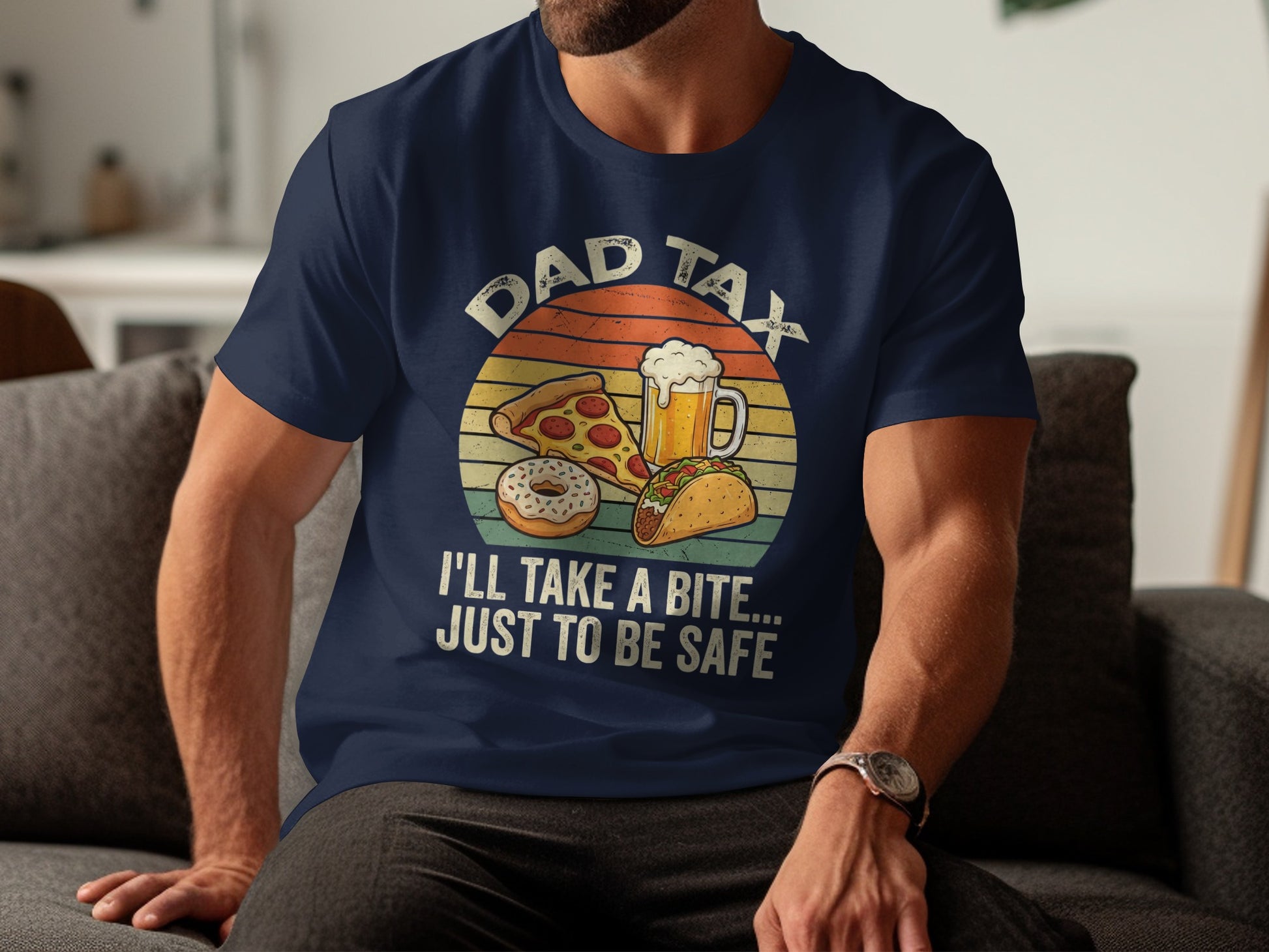 Dad Tax t-shirt with pizza, donut, taco, and beer graphic.
