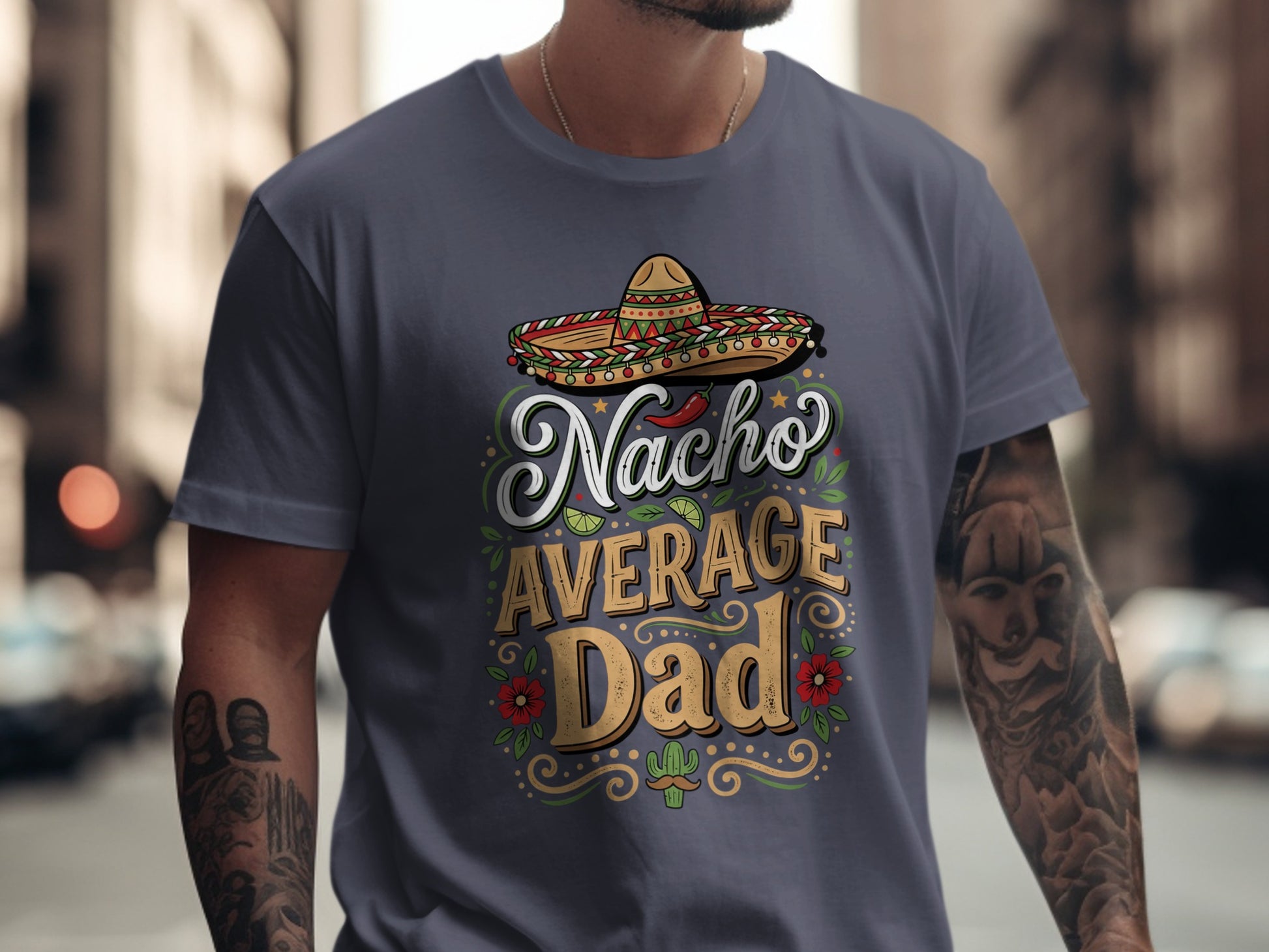 Nacho Average Dad graphic on a dark t-shirt with sombrero and cactus.