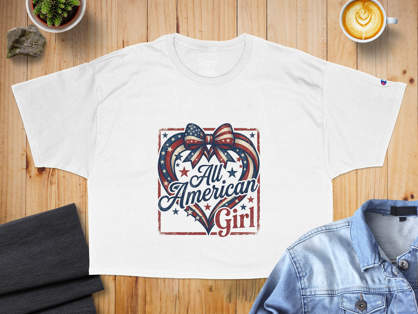 White t-shirt with "All American Girl" text and patriotic heart graphic.