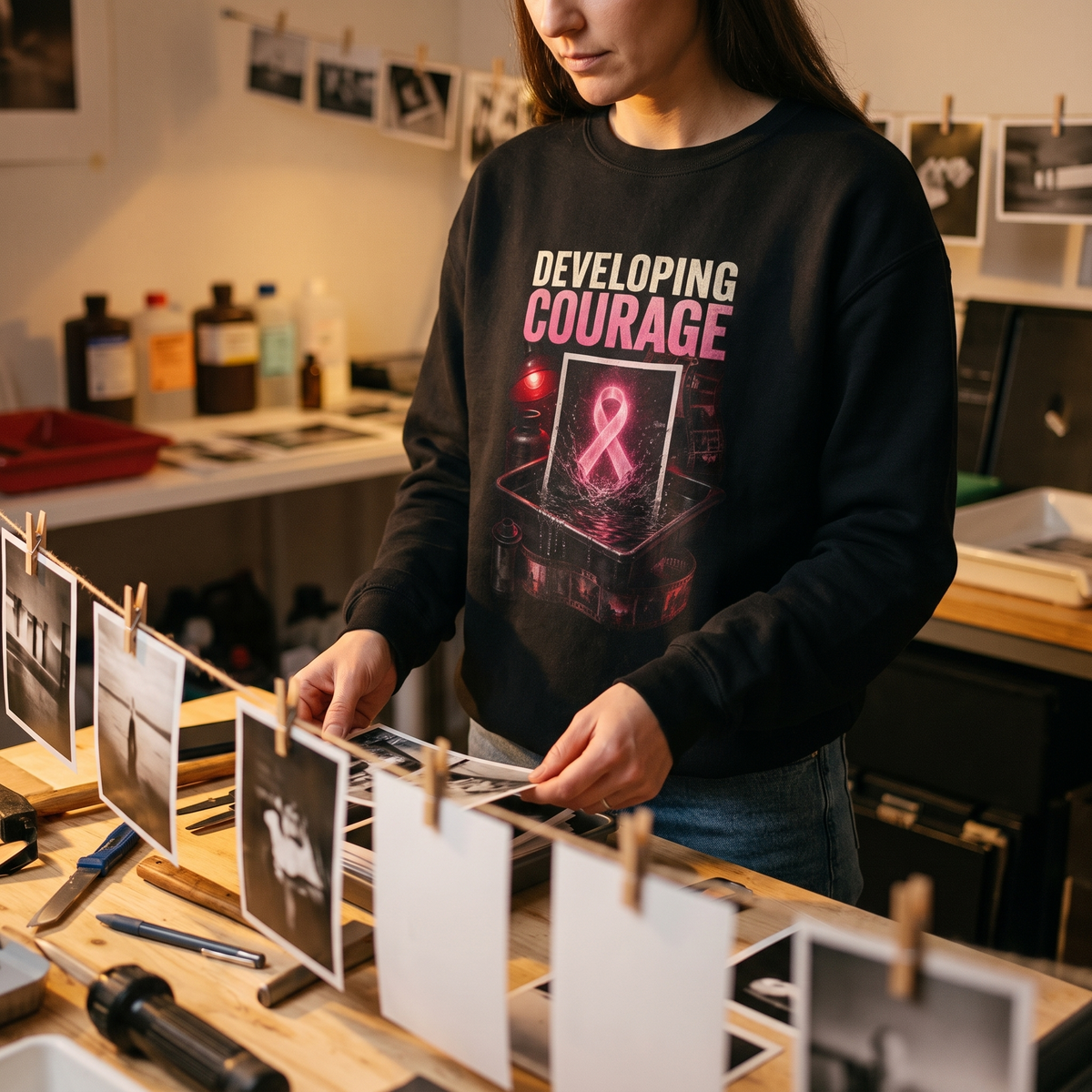 Woman wearing the Developing Courage breast cancer awareness crewneck sweatshirt hanging photo prints