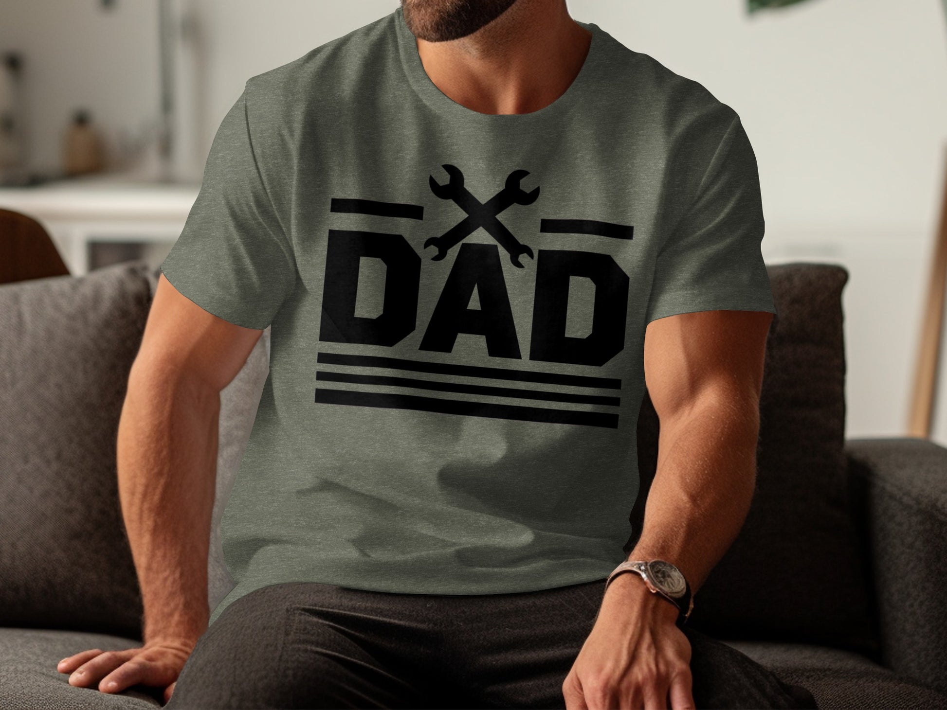 Grey t-shirt with "DAD" text and crossed wrenches graphic.