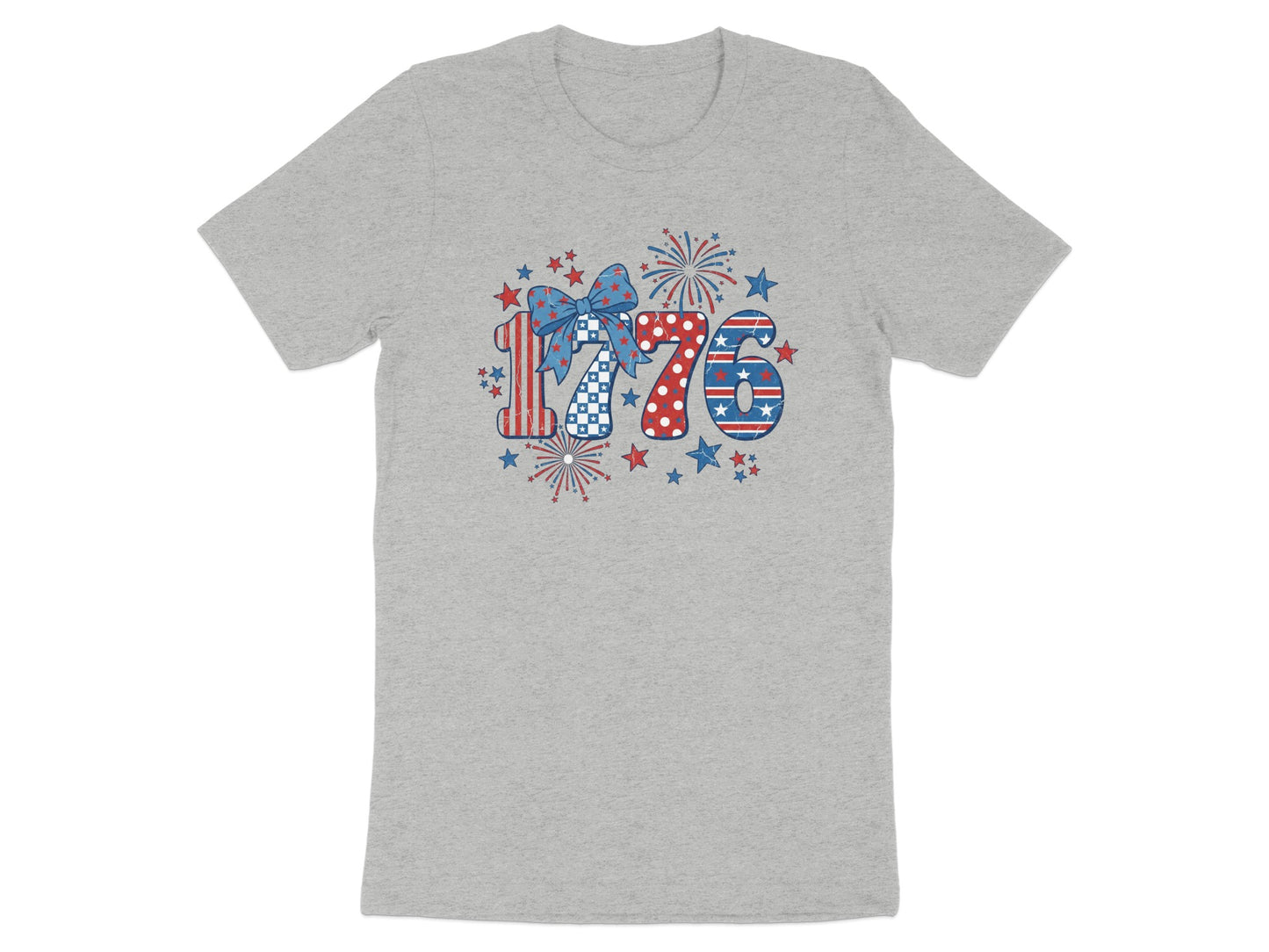 Grey t-shirt with a patriotic 1776 design featuring fireworks and stars.