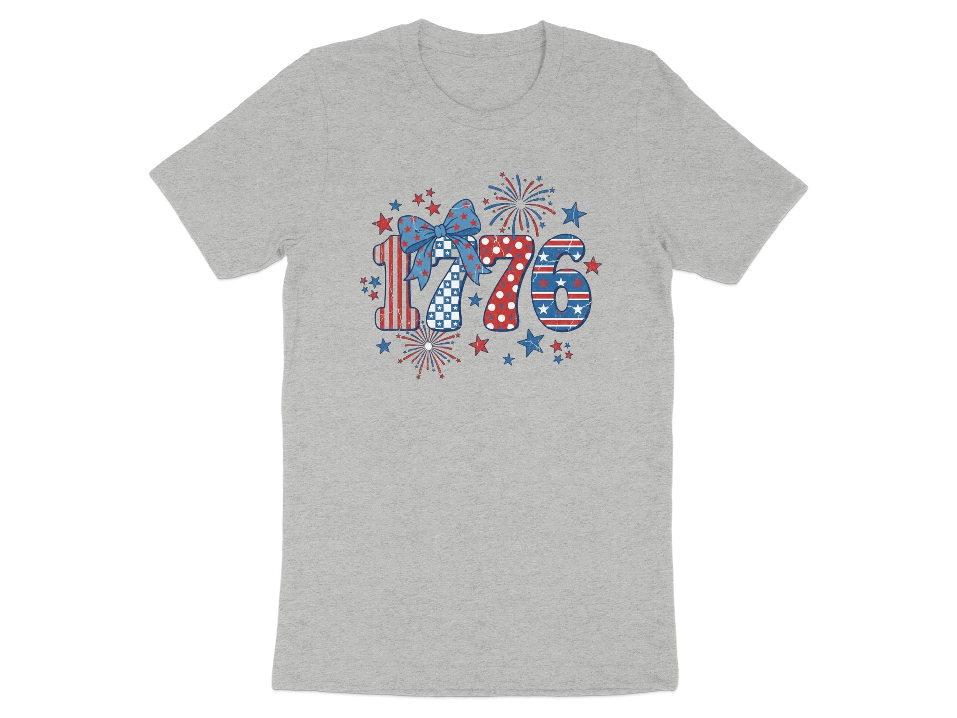 Grey t-shirt with a patriotic 1776 design featuring fireworks and stars.