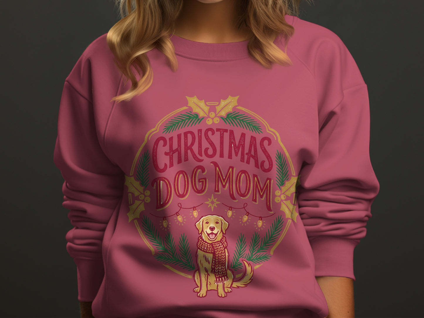 Pink sweatshirt with "Christmas Dog Mom" graphic featuring a golden retriever.