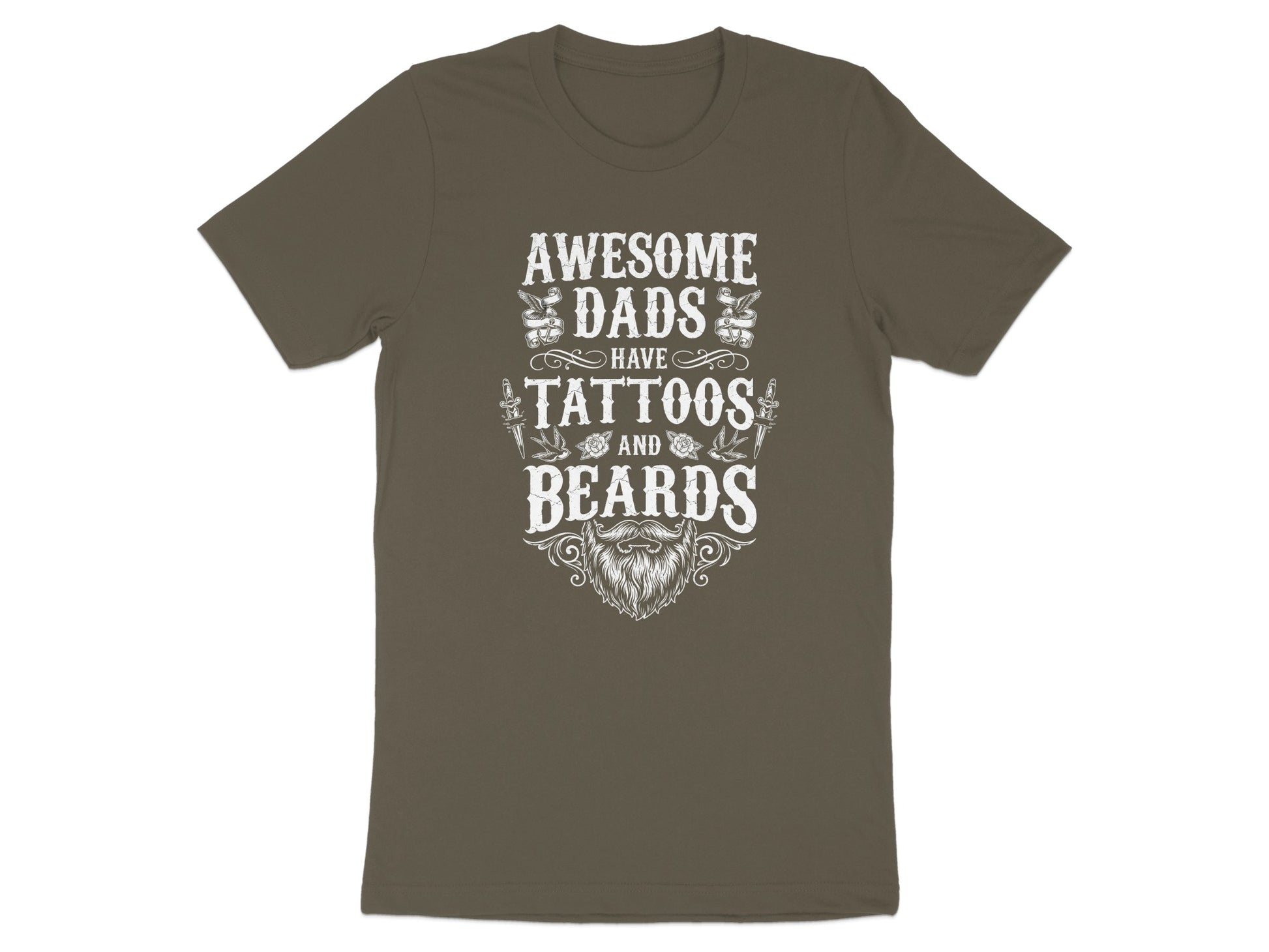 Brown t-shirt with white text reading "Awesome Dads Have Tattoos and Beards" and a beard graphic.