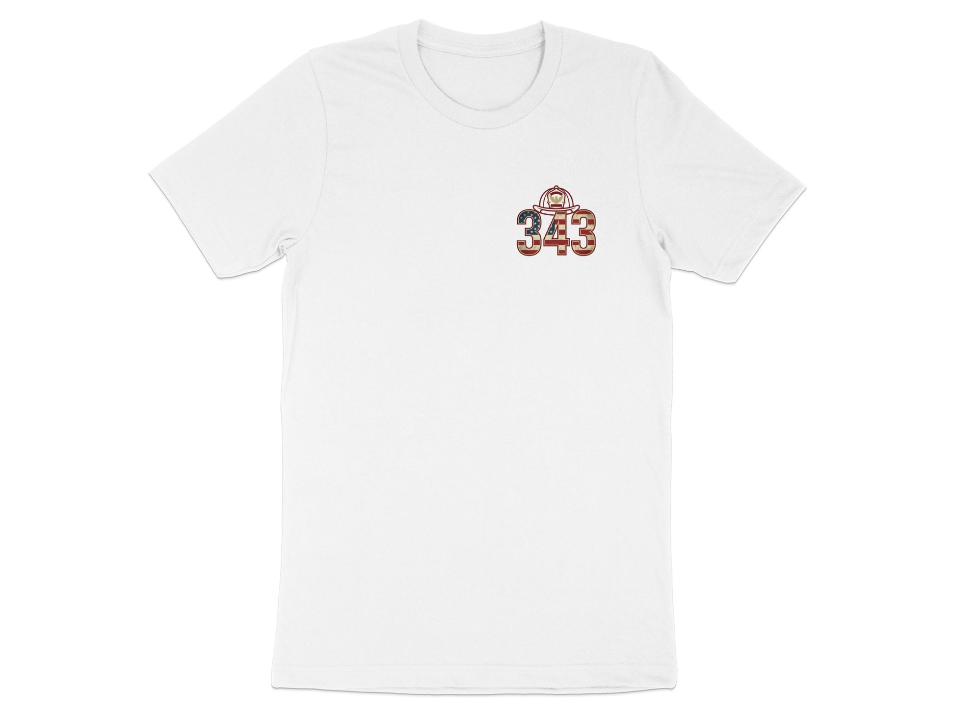 White t-shirt with a firefighter helmet and "343" in American flag colors.