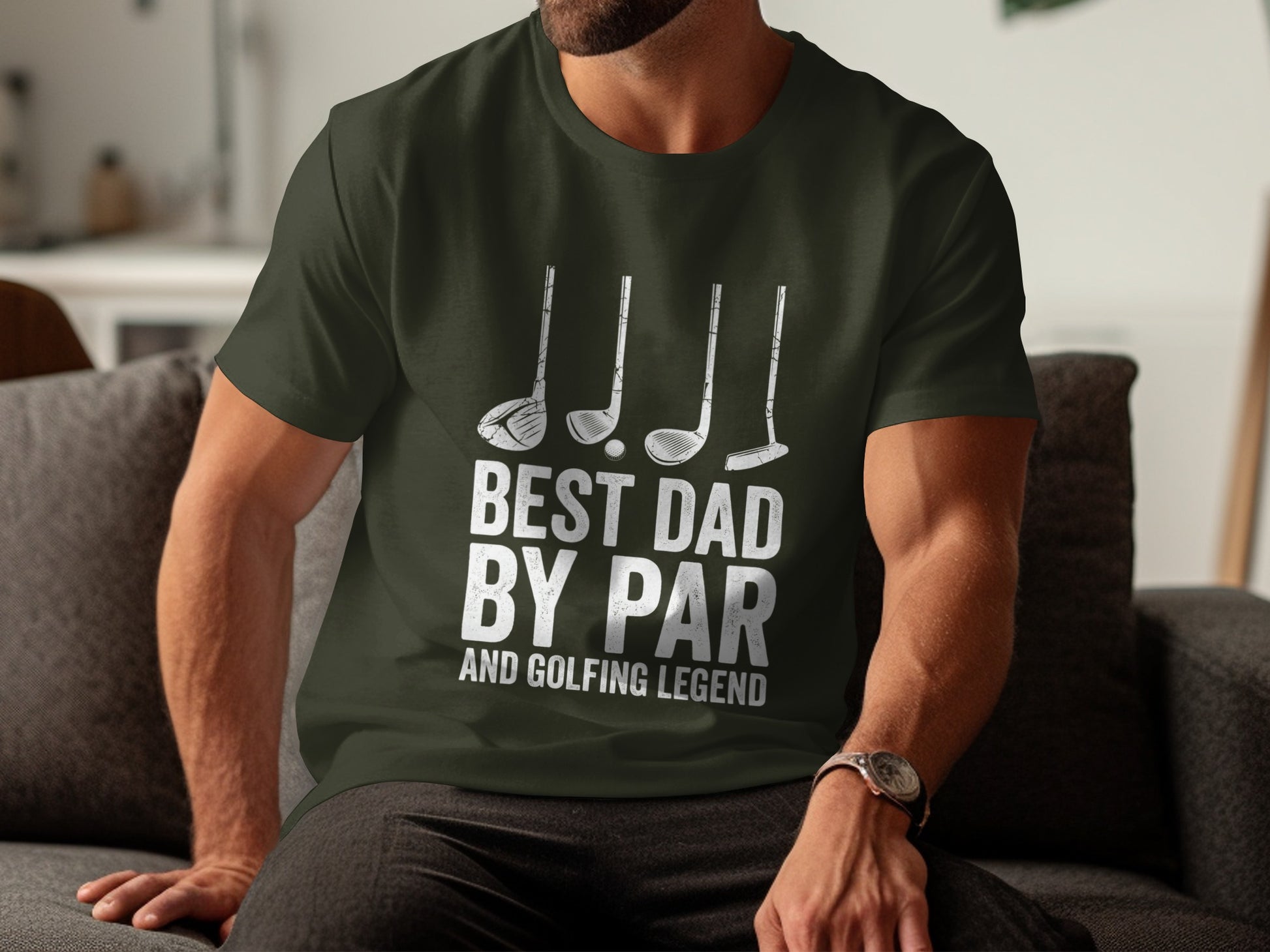 Dark green t-shirt with "BEST DAD BY PAR AND GOLFING LEGEND" and golf clubs.