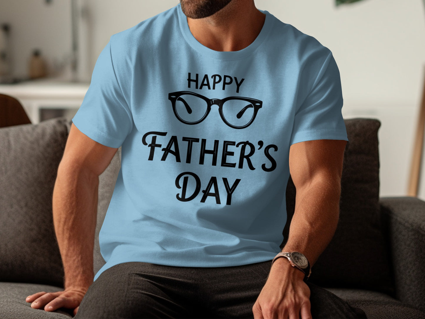Light blue t-shirt with "Happy Father's Day" and glasses graphic.