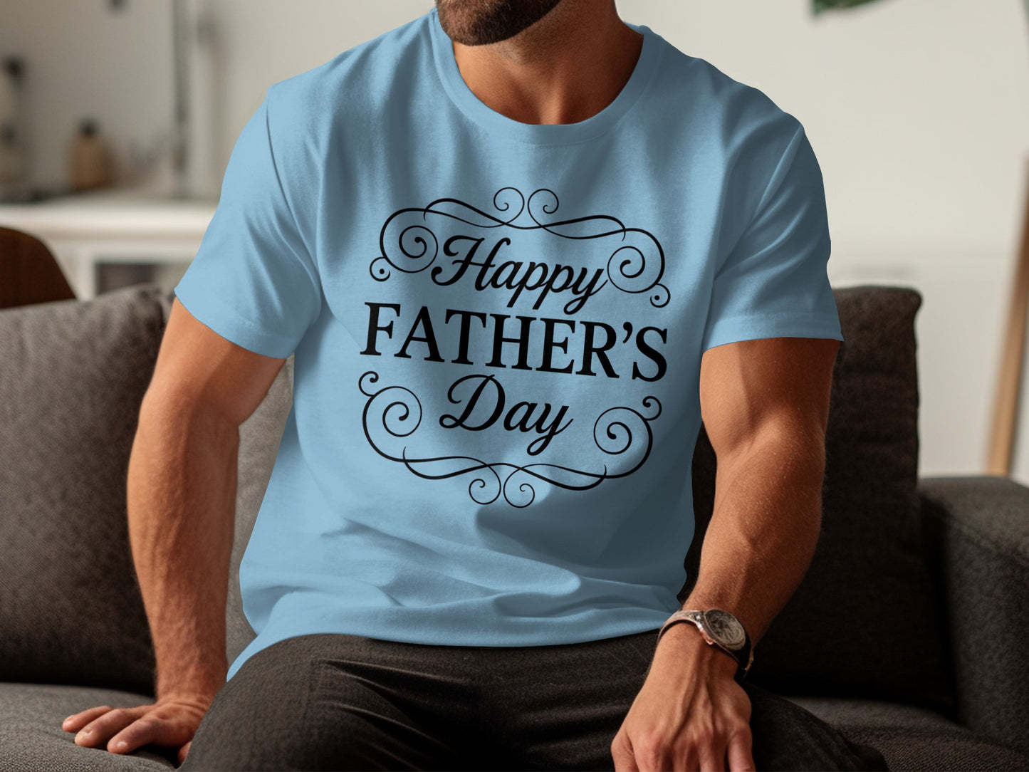 Light blue t-shirt with "Happy Father's Day" text and ornate swirls.