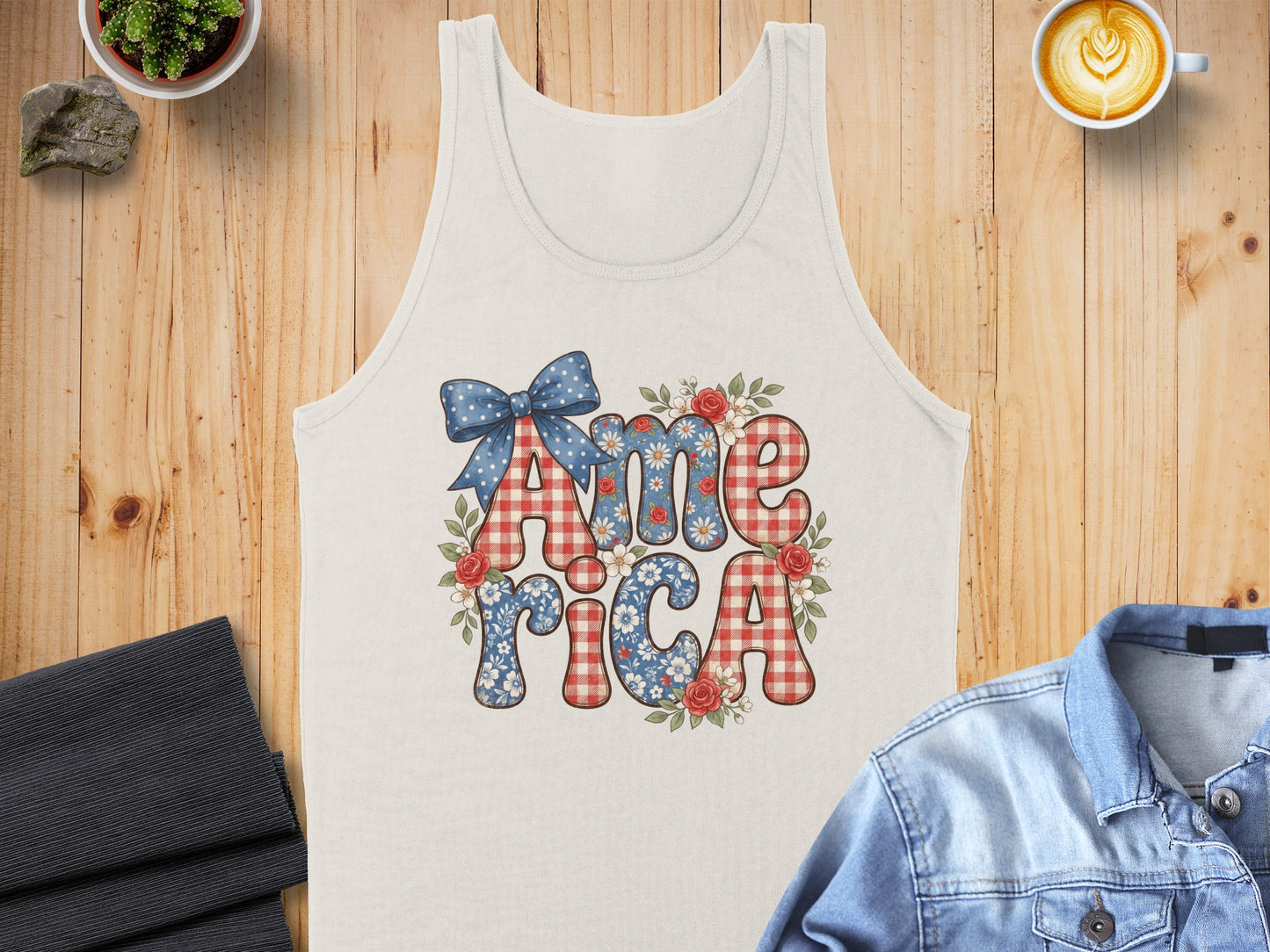 Cream tank top with "America" text, red gingham, daisies, roses, and blue polka dot bow.