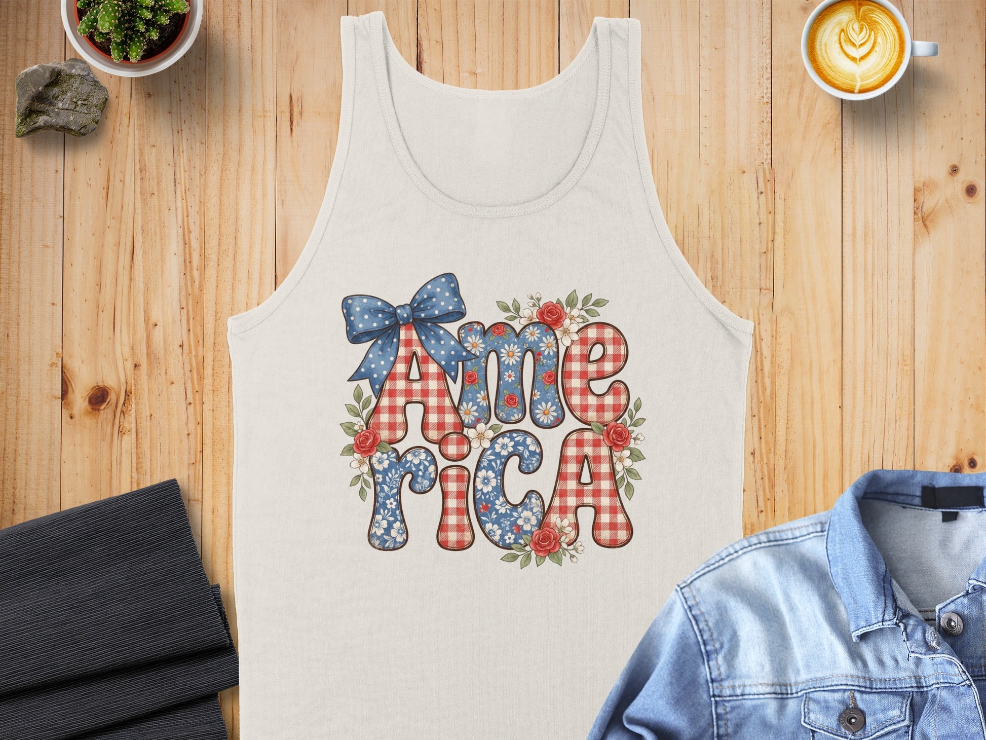 Cream tank top with "America" text, red gingham, daisies, roses, and blue polka dot bow.
