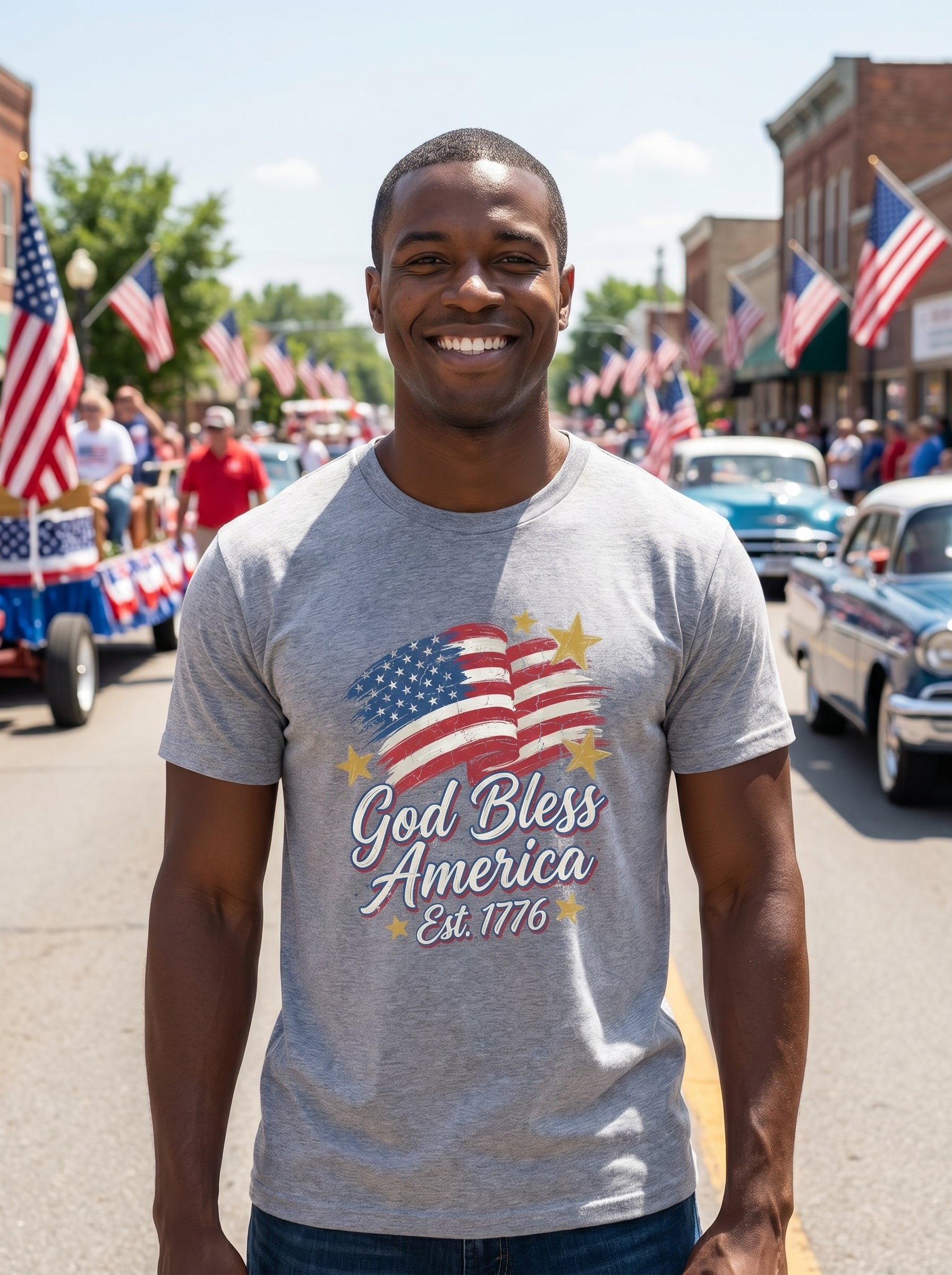 Lifestyle photo of man wearing Heritage America Est. 1776 Flag T-Shirt