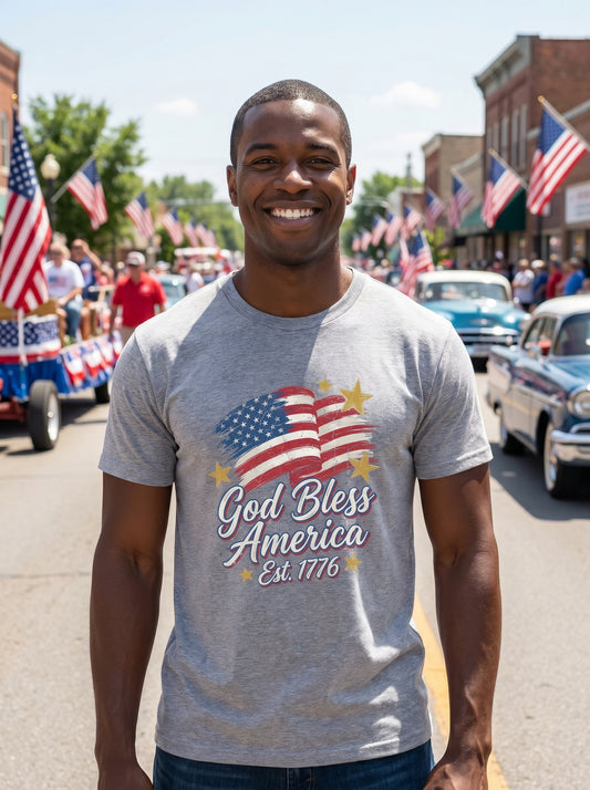 Lifestyle photo of man wearing Heritage America Est. 1776 Flag T-Shirt