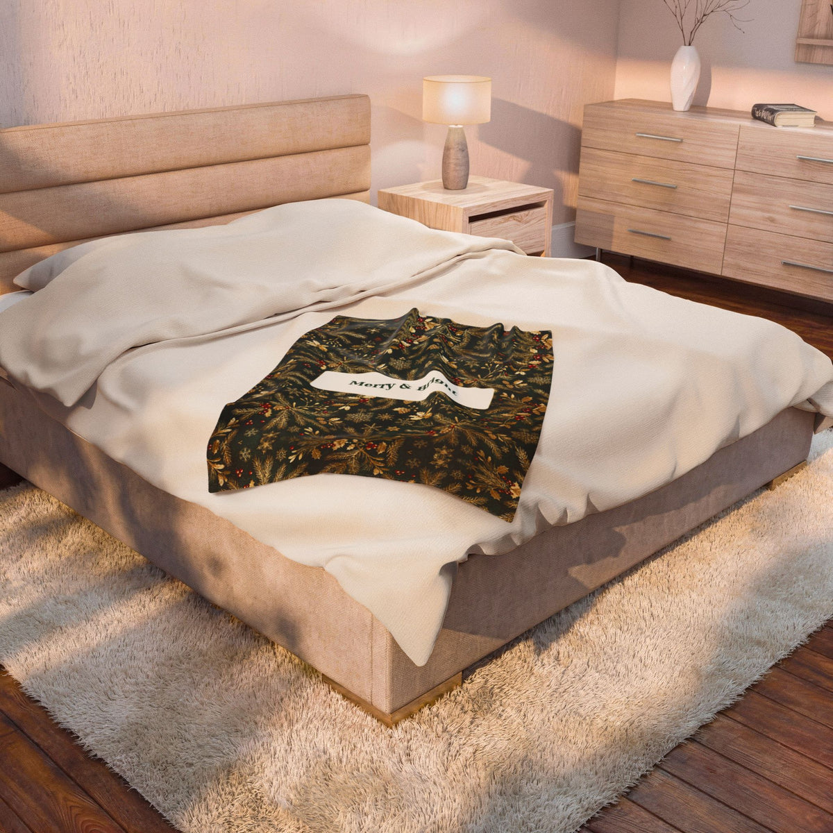 Merry & Bright | Evergreen Gold Velveteen Plush Blanket