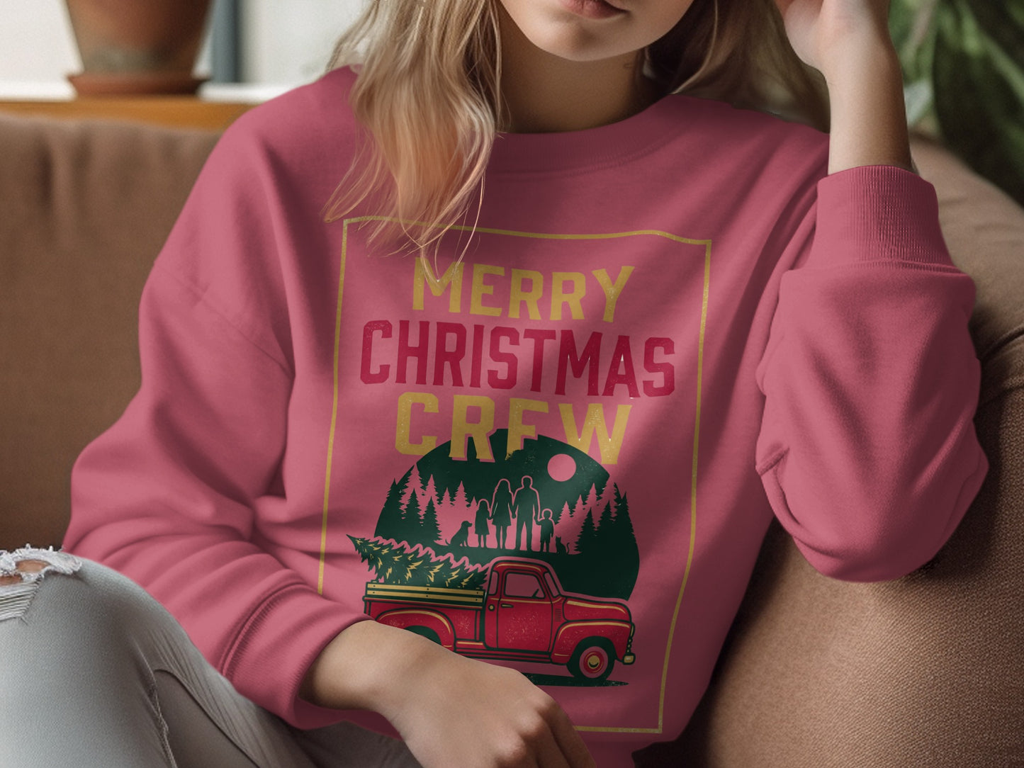 Pink sweatshirt with "Merry Christmas Crew" text and vintage truck with Christmas tree graphic.