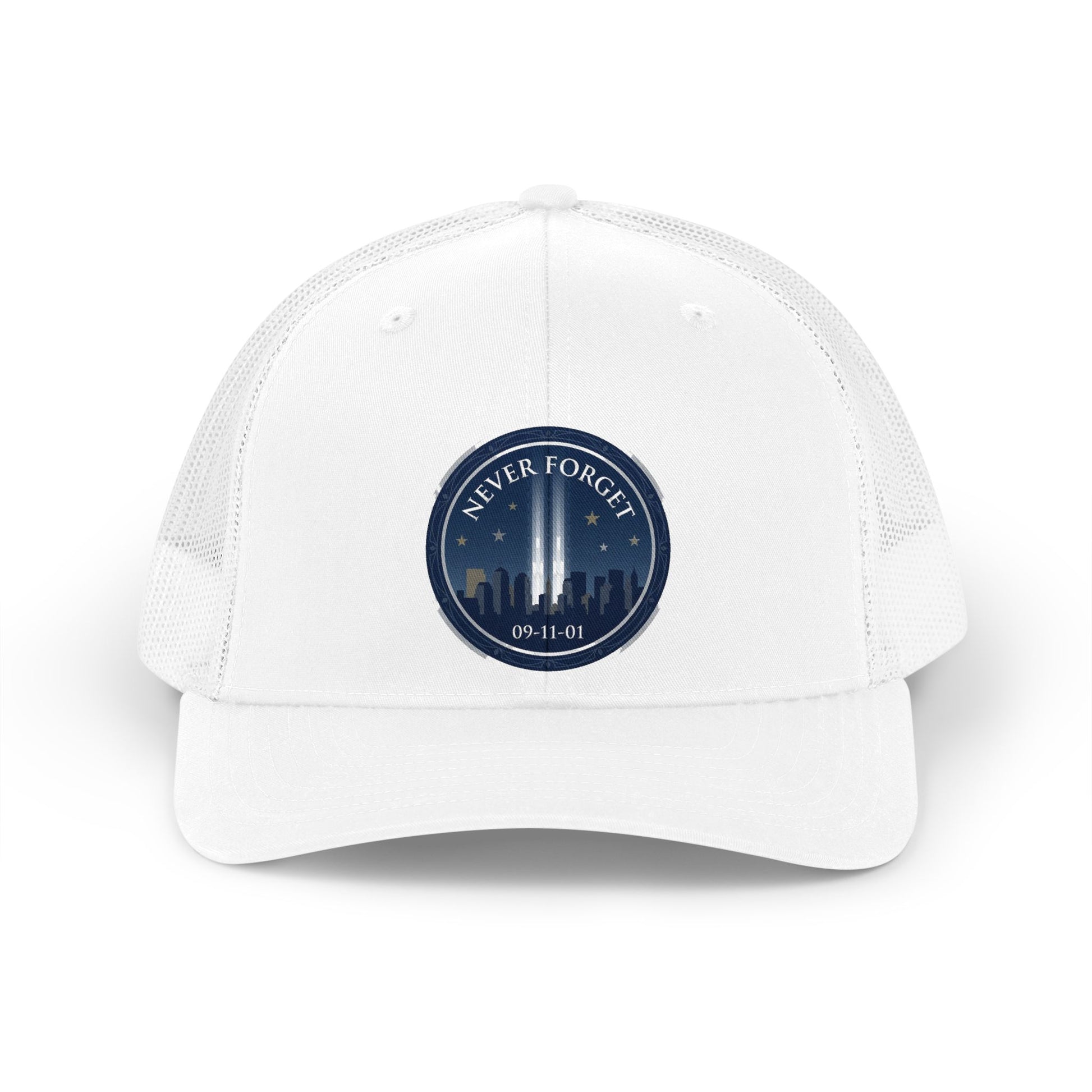 White trucker hat with a circular emblem commemorating 9/11.