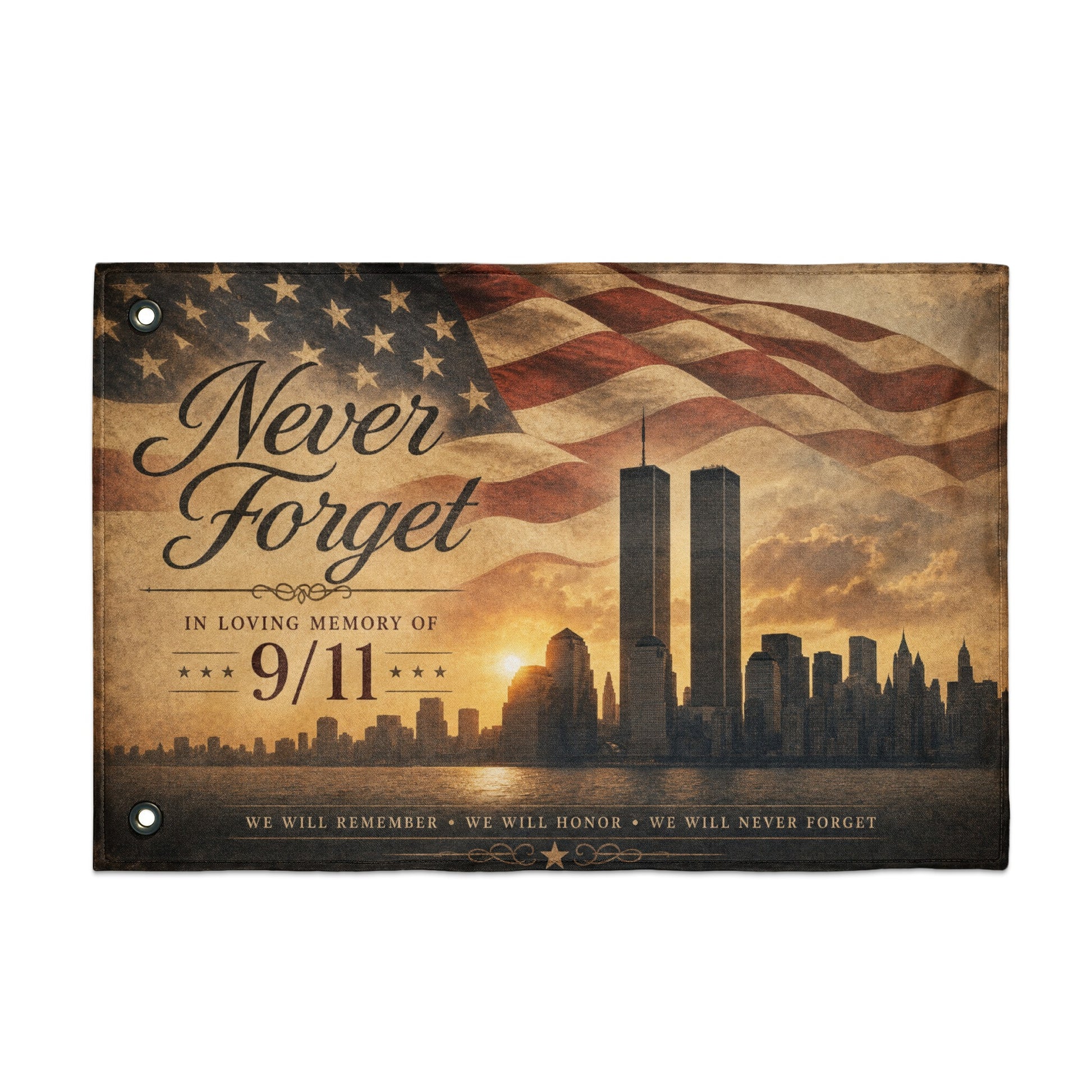 Woven banner featuring the Twin Towers, American flag, and the words "Never Forget" and "9/11".