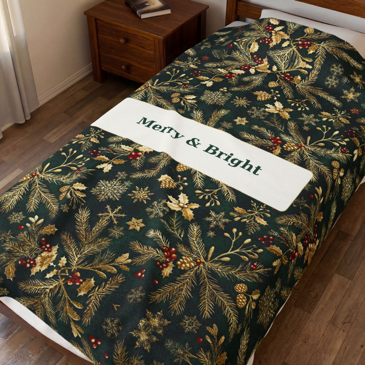 Merry & Bright | Evergreen Gold Velveteen Plush Blanket