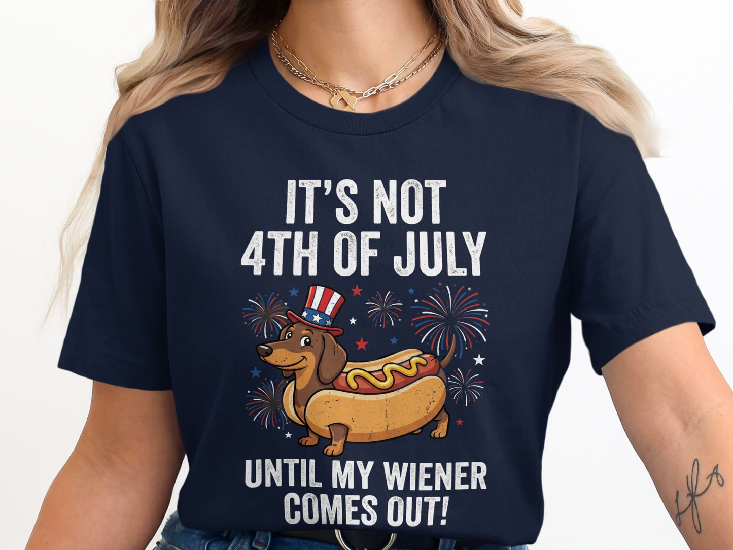 Dark blue t-shirt with a dachshund in a hot dog bun celebrating the Fourth of July.