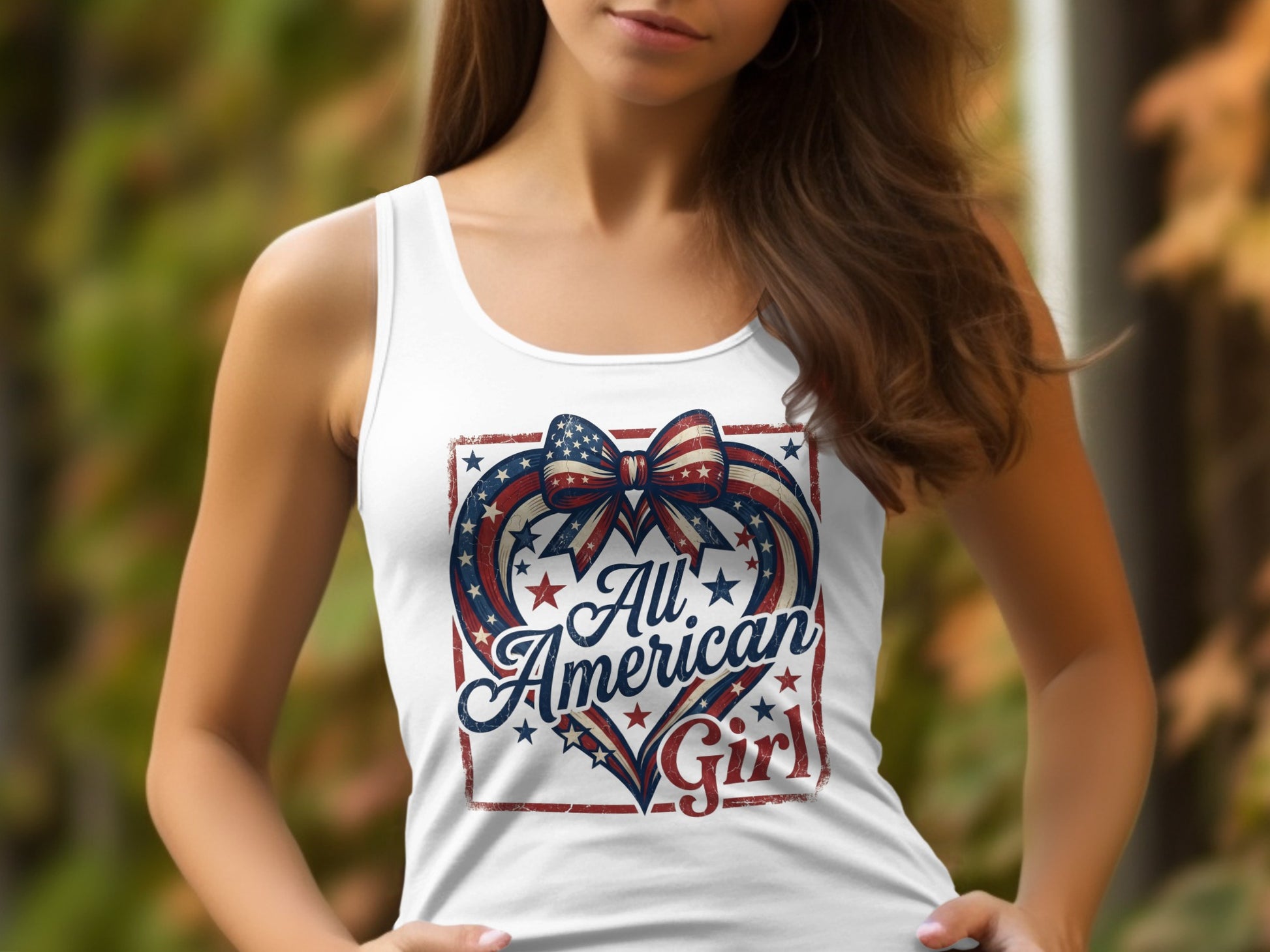 White tank top with a heart graphic featuring "All American Girl" text.