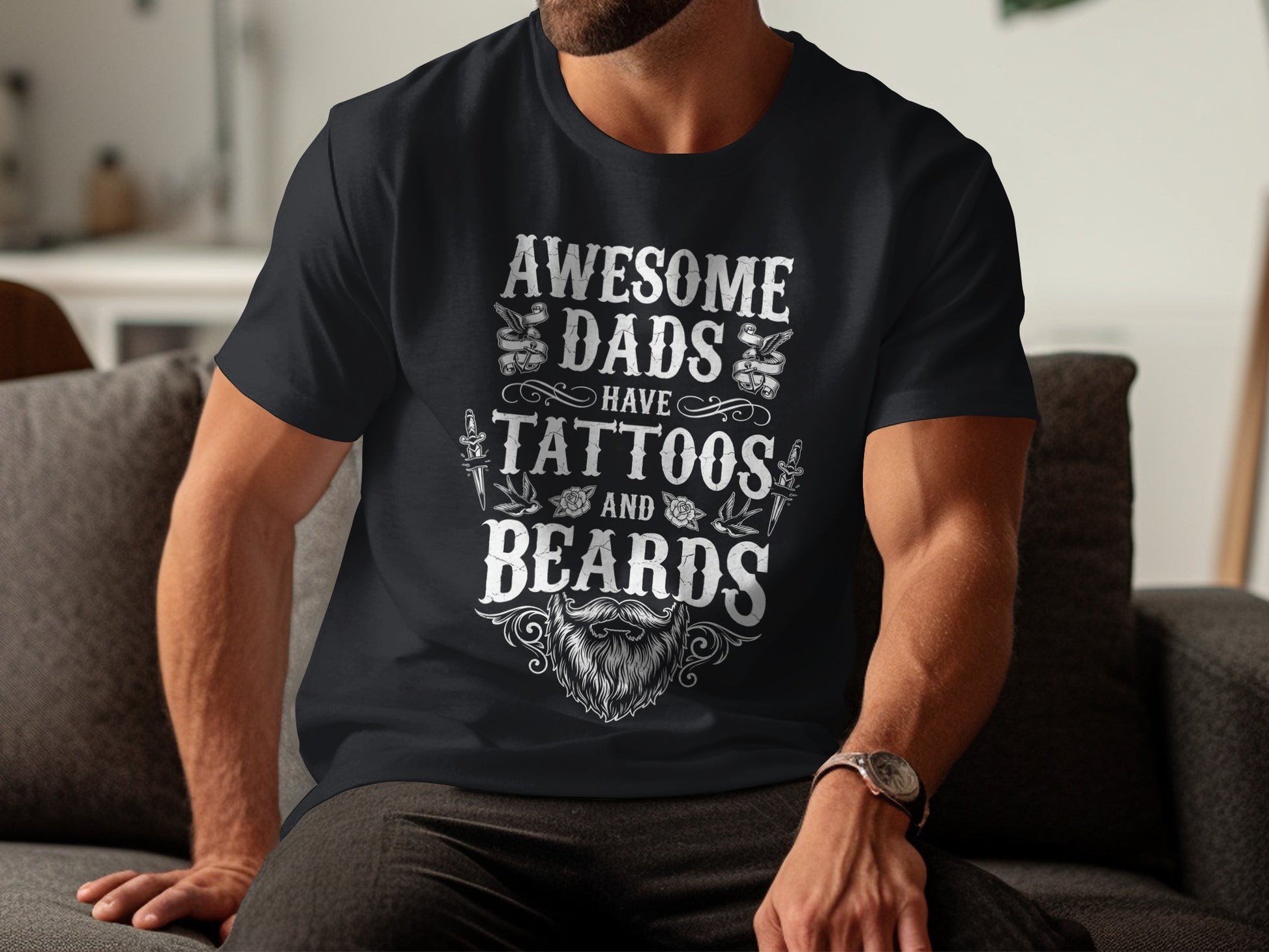 Black t-shirt with "Awesome Dads Have Tattoos and Beards" text and beard graphic.