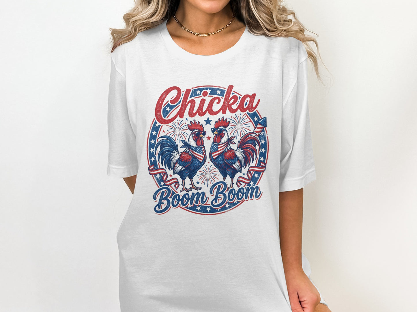 White t-shirt with "Chicka Boom Boom" and roosters in patriotic hats.