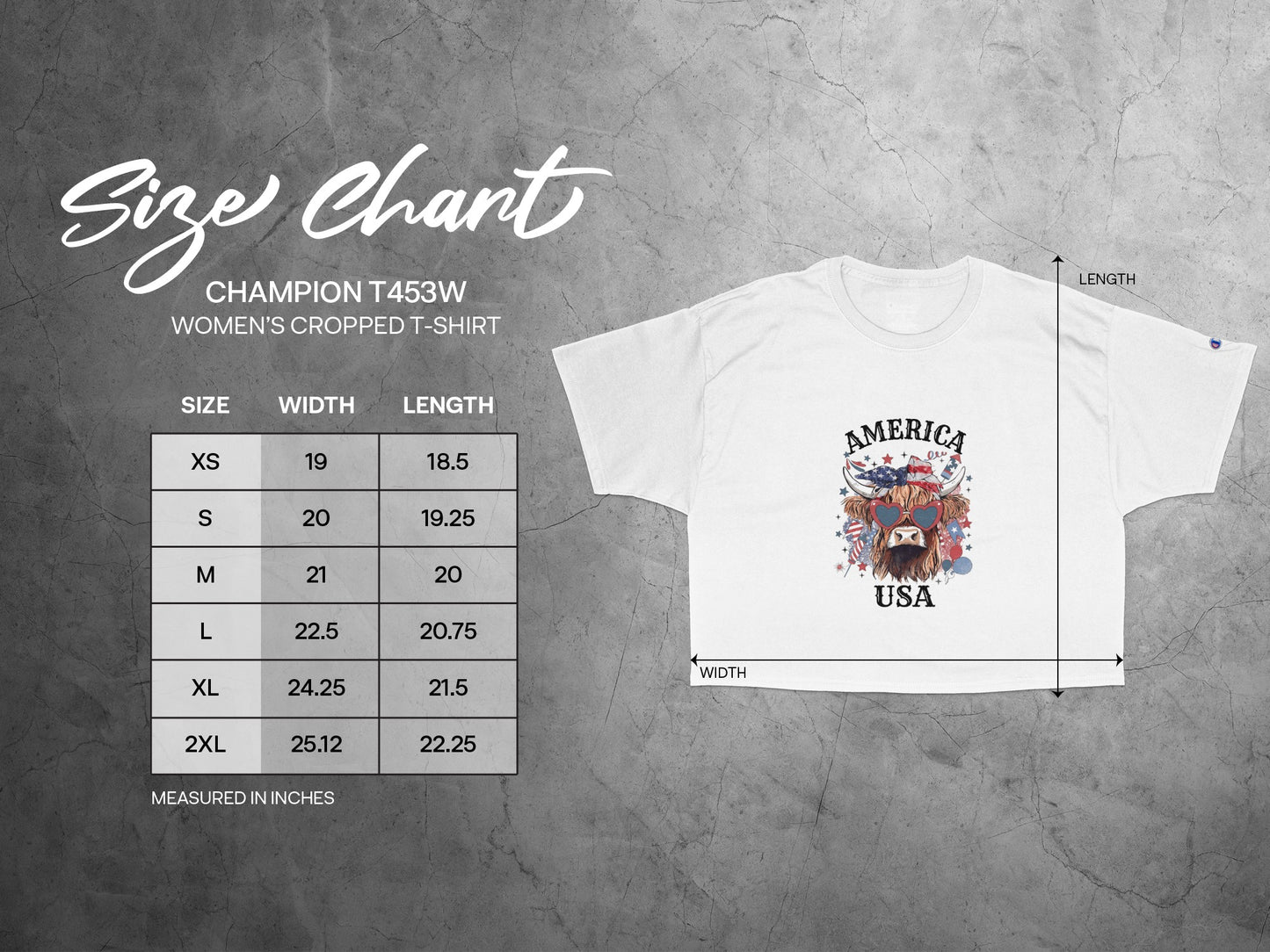 Champion T453W women's cropped t-shirt size chart with width and length measurements.